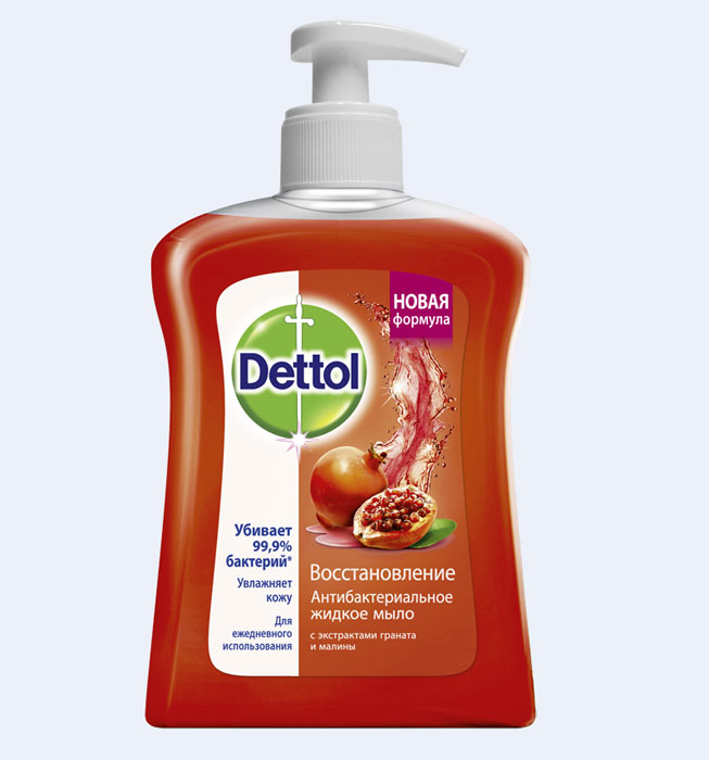 Жидкое мыло Dettol Восстановление, с экстрактами граната и малины, 250 мл7727 Жидкое мыло Dettol Восстановление, с экстрактами граната и малины, 250 мл7727Антибактериальное жидкое мыло Dettol Восстановление с экстрактами граната и малины убивает 99,9% бактерий, в том числе кишечную палочку и золотистый стафилококк. Мыло надежно защищает от инфекций, при этом не сушит кожу рук, благодаря увлажняющим компонентам. Подходит для ежедневного использования. Характеристики: Объем: 250 мл. Производитель: Франция. Артикул: 7727. Товар сертифицирован.