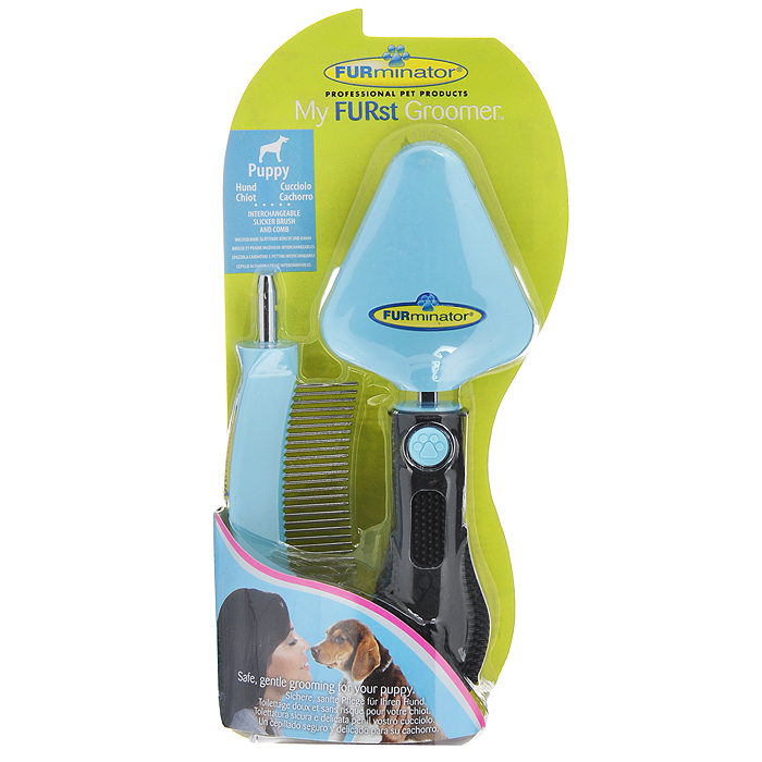 Фурминатор для щенка FURminator My FURst Groomer, 2 предмета113690 Фурминатор для щенка FURminator My FURst Groomer, 2 предмета113690Фурминатор для щенка FURminator My FURst Groomer - это удобный и эффективный прибор, который имеет две насадки: сликер (пуходерка) и расческа (гребень). Прибор мягко убирает отмерший подшерсток, сохраняет здоровье шерсти животного, не повреждая остевой волос. Съемный сликер и расческа безопасны и легки в применении. Эргономичная ручка из резины обеспечивает надежный хват и более удобное использование. Характеристики: Материал: металл, пластик, резина. Цвет: голубой, черный. Размер рабочей поверхности сликера: 6 см х 7 см. Длина рабочей поверхности гребня: 7 см. Размер упаковки: 11,5 см х 23 см х 4,5 см.