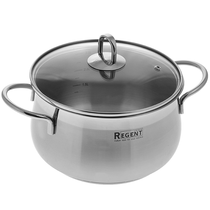 Кастрюля Regent Inox Senso с крышкой, 4 л. 93-SEv-0493-SEv-04 Кастрюля Regent Inox Senso с крышкой, 4 л. 93-SEv-0493-SEv-04Кастрюля Regent Inox Senso изготовлена из нержавеющей стали 18/10 - экологически чистого материала. Комбинация матовой и зеркальной полировки придает посуде безупречный внешний вид. В такой посуде можно готовить без масла и жиров, сохраняя тем самым полезные свойства продуктов и естественные вкусовые качества. Оптимальное соотношение толщины дна и стенок посуды обеспечивает равномерное распределение тепла, устойчивость к деформации и экономию энергии. Многослойное капсулированное дно хорошо аккумулирует тепло, что способствует быстрому закипанию и приготовлению пищи даже при небольшой мощности конфорок. Удобные ручки прикреплены к корпусу методом точечной сварки - минимальный нагрев, прочность и надежность. Крышка изготовлена из термостойкого стекла, оснащена металлическим ободом, ручкой и отверстием для выпуска пара. Внутренние стенки оформлены отметками литража. Посуда из нержавеющей стали функциональна, гигиенична, эргономична, а благодаря оригинальному дизайну она...