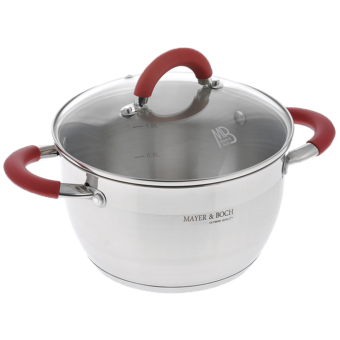 Кастрюля Mayer & Boch с крышкой, 2,1 л. 45454545 Кастрюля Mayer & Boch с крышкой, 2,1 л. 45454545Кастрюля Mayer & Boch изготовлена из высококачественной нержавеющей стали. Комбинация матовой и зеркальной полировки внешнего покрытия придает изделию особо эстетичный стильный вид. Изделие предназначено для здорового и экологичного приготовления пищи. Внутренняя гладкая поверхность легко чистится - можно мыть в воде руками или протирать полотенцем. Кастрюля оснащена двумя удобными ручками с ненагревающимися силиконовыми вставками красного цвета. Крышка из термостойкого стекла снабжена металлическим ободом, удобной силиконовой ручкой и отверстием для выпуска пара. Такая крышка позволяет следить за процессом приготовления пищи без потери тепла. Она плотно прилегает к краю кастрюли, сохраняя аромат блюд. Внутренние стенки кастрюли имеют отметки литража. Подходит для всех типов плит, включая индукционные. Не предназначена для СВЧ-печей. Можно мыть в посудомоечной машине. Подходит для хранения пищи в холодильнике.
