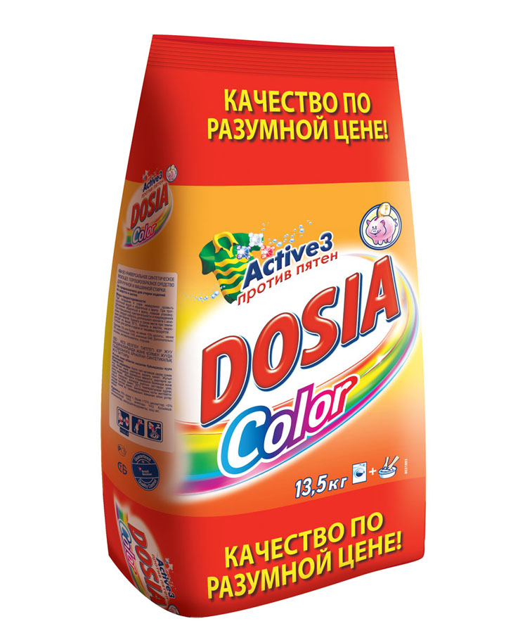 Стиральный порошок Dosia Color, 13,5 кг577 Стиральный порошок Dosia Color, 13,5 кг577Стиральный порошок Dosia Color предназначен для стирки в стиральных машинах любого типа, также подходит для ручной стирки. Стиральный порошок содержит комплекс из трех активных компонентов, которые воздействуют на волокна ткани и эффективно удаляют общие загрязнения, сложные пятна, а также не повреждают цвет вещей после многих стирок.