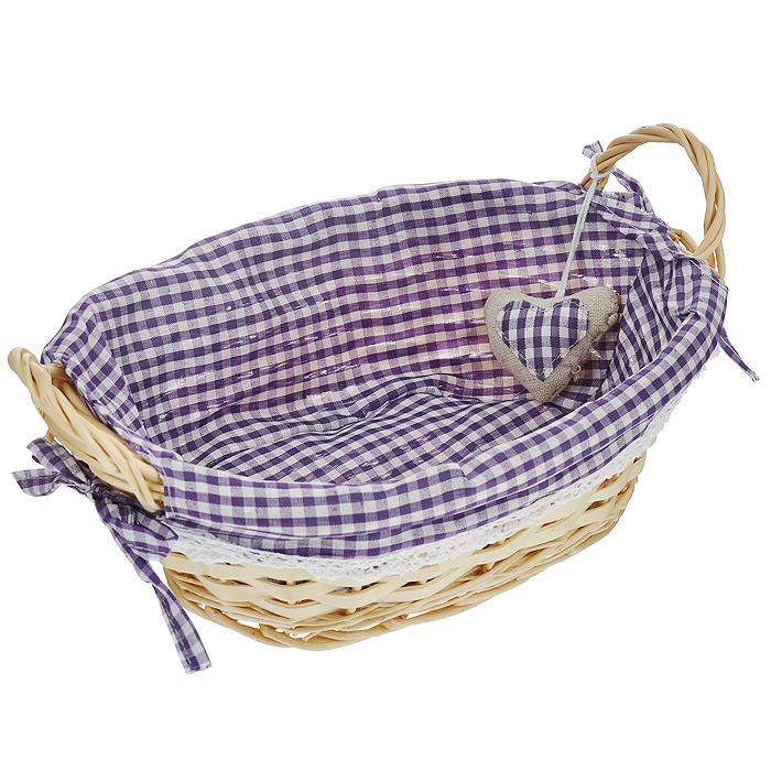 Корзинка для хлеба Premier Housewares, овальная, цвет: фиолетовый, 27 см х 19 см х 13 см1901047 Корзинка для хлеба Premier Housewares, овальная, цвет: фиолетовый, 27 см х 19 см х 13 см1901047Овальная корзинка для хлеба Premier Housewares сплетена из лозы. На внутреннюю поверхность корзинки надет хлопковый чехол с рисунком в фиолетовую клетку, благодаря ему крошки не просыпаются на стол. Корзинка оснащена двумя удобными ручками и украшена декоративным элементом в виде сердечка. В холодный зимний день приятная цветовая гамма корзинки в сочетании с оригинальным дизайном навевают воспоминания о лете, тем самым способствуя улучшению настроения и полноценному отдыху. Характеристики: Материал: лоза, хлопок. Цвет: фиолетовый. Размер корзинки (с учетом ручек) (Д х Ш х В): 29 см х 19 см х 13 см. Размер корзинки (без учета ручек) (Д х Ш х В): 29 см х 19 см х 9 см. Артикул: 1901047.