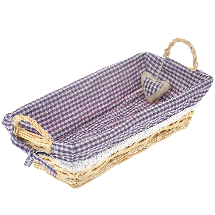 Корзинка для хлеба Premier Housewares, прямоугольная, цвет: фиолетовый, 35 см х 17 см х 13 см1901055 Корзинка для хлеба Premier Housewares, прямоугольная, цвет: фиолетовый, 35 см х 17 см х 13 см1901055Прямоугольная корзинка для хлеба Premier Housewares сплетена из лозы. На внутреннюю поверхность корзинки надет хлопковый чехол с рисунком в фиолетовую клетку, благодаря ему крошки не просыпаются на стол. Корзинка оснащена двумя удобными ручками и украшена декоративным элементом в виде сердечка. В холодный зимний день приятная цветовая гамма корзинки в сочетании с оригинальным дизайном навевают воспоминания о лете, тем самым способствуя улучшению настроения и полноценному отдыху. Характеристики: Материал: лоза, хлопок. Цвет: фиолетовый. Размер корзинки (с учетом ручек) (Д х Ш х В): 35 см х 17 см х 13 см. Размер корзинки (без учета ручек) (Д х Ш х В): 35 см х 17 см х 9 см. Артикул: 1901055.