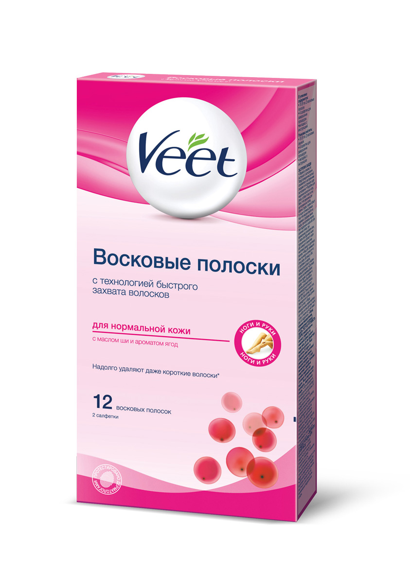 Veet Восковые полоски для нормальной кожи с маслом ши и экстрактом ягод, 12 шт, 2 салфеткиBNC 0124608 Veet Восковые полоски для нормальной кожи с маслом ши и экстрактом ягод, 12 шт, 2 салфеткиBNC 0124608Восковые полоски Veet с маслом ши и экстрактом ягод подходят для нормальной кожи. Масло ши и экстракт ягод обладают защитными свойствами. Длительный результат в течении 4 недель. Для достижения наилучшего результата длина волосков должна быть 2-5 мм. Эпиляция менее эффективна, если длинна волос более 5 мм. К восковым полоскам прилагаются 2 салфетки для завершения процедуры. Способ применения: Потрите восковые полоски между ладонями около 5 секунд, чтобы воск нагрелся. Медленно разделите полоски на 2 части. Каждую полоску можно использовать несколько раз, пока воск не перестанет захватывать волоски. Нанесите одну восковую полоску на кожу, разглаживая ее несколько раз по направлению роста волос. Одним быстрым движением удалите полоску в направлении против роста волос (от щиколотки до колена). Для снятия дискомфортного ощущения придерживайте кожу руками. После удаления волос протрите кожу увлажняющими салфетками для снятия остатков воска. ...