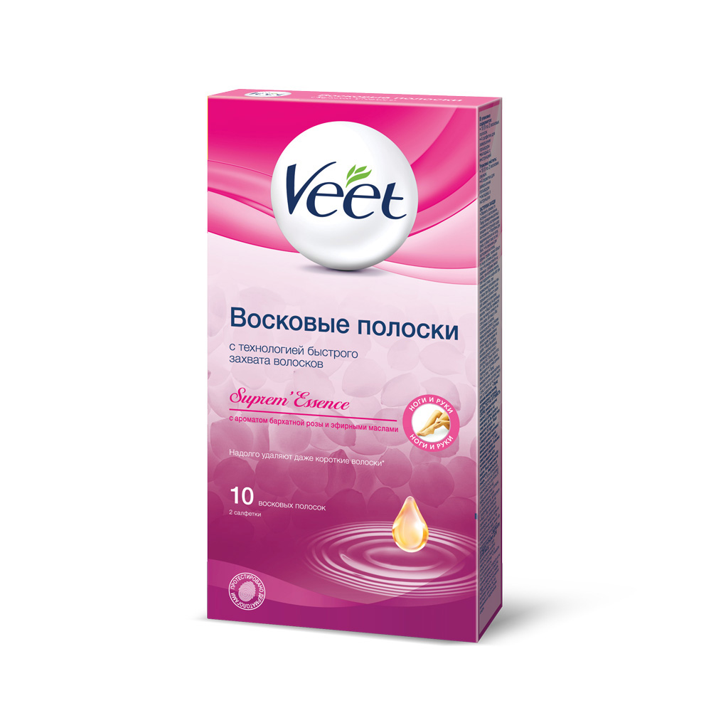 Veet Восковые полоски с ароматом бархатной розы и эфирными маслами, 10 шт, 2 салфетки0247156 Veet Восковые полоски с ароматом бархатной розы и эфирными маслами, 10 шт, 2 салфетки0247156Восковые полоски Veеt - великолепно сочетают эффективное удаление волос с приятной аромотерапией, оставляя вашу кожу гладкой надолго. Теперь ноги можно сделать гладкими всего за 30 секунд. Именно столько времени нужно на то, чтобы потереть восковую полоску между ладонями. Технология проста: наложить полоску, разгладить ее по росту волос, и осторожно удалить против роста волос. Движение должно быть плавным, параллельным коже, чтобы снизить болевые ощущения. В комплект с полосками входят 2 увлажняющие салфетки - ими можно стереть остатки воска, кроме того, они помогут увлажнить кожу и предотвратят врастание волос. В упаковке 10 полосок, которые можно использовать до четырех раз каждую. Характеристики: Размер полоски: 16,5 см х 7,5 см. Размер упаковки: 18,5 см х 9,5 см х 2,5 см. Производитель: Франция. Товар сертифицирован.