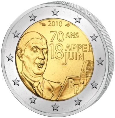 Монета номиналом 2 евро 70 лет речи Шарля де Голля 18 июня 1940 г.. Франция, 2010 годF30 BLUE Монета номиналом 2 евро 70 лет речи Шарля де Голля 18 июня 1940 г.. Франция, 2010 годF30 BLUEМонета номиналом 2 евро 70 лет речи Шарля де Голля 18 июня 1940 г.. Франция, 2010 год Диаметр 2,5 см. Сохранность UNC (без обращения).