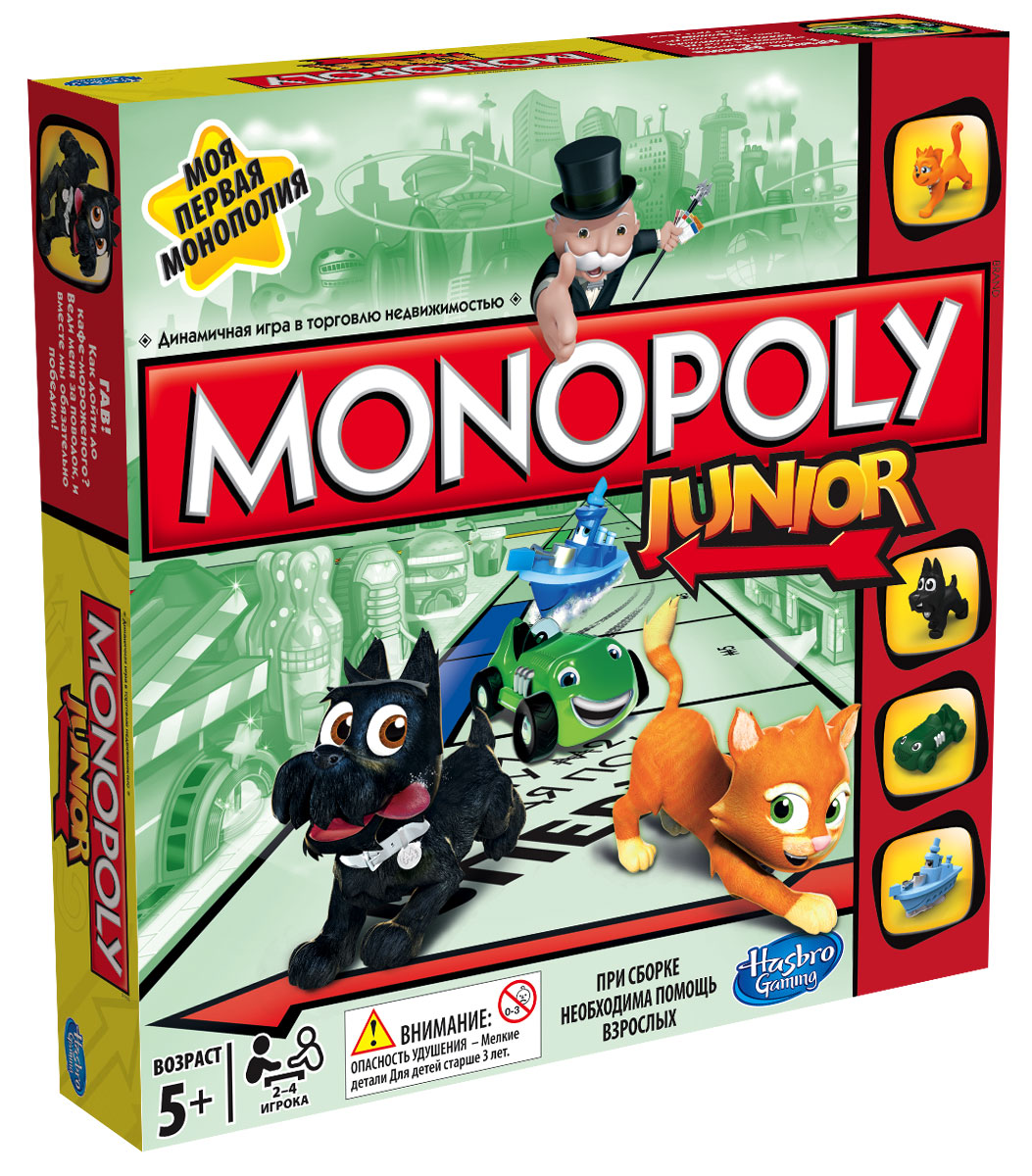 Настольная игра Моя первая монополия. A6984A6984121 Настольная игра Моя первая монополия. A6984A6984121Монополия - одна из самых увлекательных настольных игр, которая обучает торговле недвижимостью. Изобретенная в Америке во времена великой депрессии, эта игра позволит вам распоряжаться большими деньгами и быстро разбогатеть. Моя первая монополия - это новая веселая версия Монополии, созданная специально для детей. Выигрывает тот, кто первым соберет свою башню империи! Дети становятся владельцами музея, магазином игрушек, кондитерской и другой недвижимостью, которая так привлекает маленьких непосед. Перед началом игры каждый участник должен выбрать одну из четырех разных фигурок (фишек). В ходе игры вы можете перемещаться по игровому полю, покупать собственность, которая вам понравится, и испытывая удачу. Когда у одного из игроков заканчиваются деньги, другие участники подсчитывают сбережения. Побеждает игрок, у которого больше всех денег. В комплект игры входит: игровое поле, 4 фишки, 48 значков Продано, 20 карточек Испытай удачу, 90 банкнот,...
