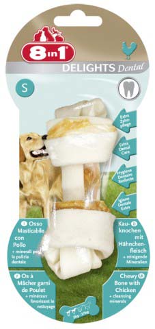 Лакомство 8 in 1 Dental Delights S для собак мелких и средних пород, косточка для чистки зубов, 35 г102625 Лакомство 8 in 1 Dental Delights S для собак мелких и средних пород, косточка для чистки зубов, 35 г1026258 in 1 Dental Delights S - уникальное запатентованное лакомство с качественным куриным мясом, завернутое в жесткую оболочку из сыромятной кожи. Полезно для зубов и десен. Удовлетворяет природный жевательный инстинкт собаки. Долгое жевательное удовольствие и никаких остатков. Изготавливается с учетом размеров собаки. Обогащено полезными минералами. Dental Delights S помогает удалить зубной налет, предотвращая образование зубного камня и способствуя свежему дыханию. Содержит всего 2% жира. Не содержит искусственных красителей и усилителей вкуса и аромата. Состав: мясо и мясные субпродукты (куриное мясо 10%), минеральные вещества. Аналитические компоненты: сырой белок - 82%, сырые масла и жиры - 2%, сырая клетчатка - 1%, сырая зола - 2%, содержание влаги - 14%. Вес: 35 г. Размер косточки: 5 см х 11 см. Товар сертифицирован.
