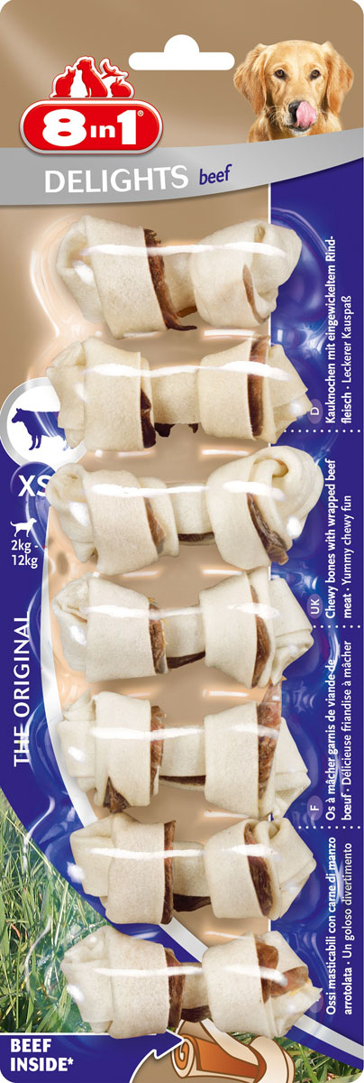 Лакомство 8 in 1 Delights Beef XS для собак мелких пород, косточки, 7 шт, 84 г108733 Лакомство 8 in 1 Delights Beef XS для собак мелких пород, косточки, 7 шт, 84 г1087338 in 1 Delights Beef XS - уникальное запатентованное лакомство с качественным куриным мясом, завернутое в жесткую оболочку из сыромятной кожи. Полезно для зубов и десен. Удовлетворяет природный жевательный инстинкт собаки. Долгое жевательное удовольствие и никаких остатков. Изготавливается с учетом размеров собаки. Обогащено полезными минералами. Отбеливает зубы и освежает дыхание. Содержит всего 2% жира. Не содержит искусственных красителей и усилителей вкуса и аромата. Состав: мясо и мясные субпродукты (говядина 10%), минеральные вещества. Аналитические компоненты: сырой белок - 82%, сырые масла и жиры - 3,5%, сырая клетчатка - 1%, сырая зола - 2%, содержание влаги - 14%. Вес: 84 г. Средний размер косточки: 2,5 см х 7 см. Комплектация: 7 шт. Товар сертифицирован.
