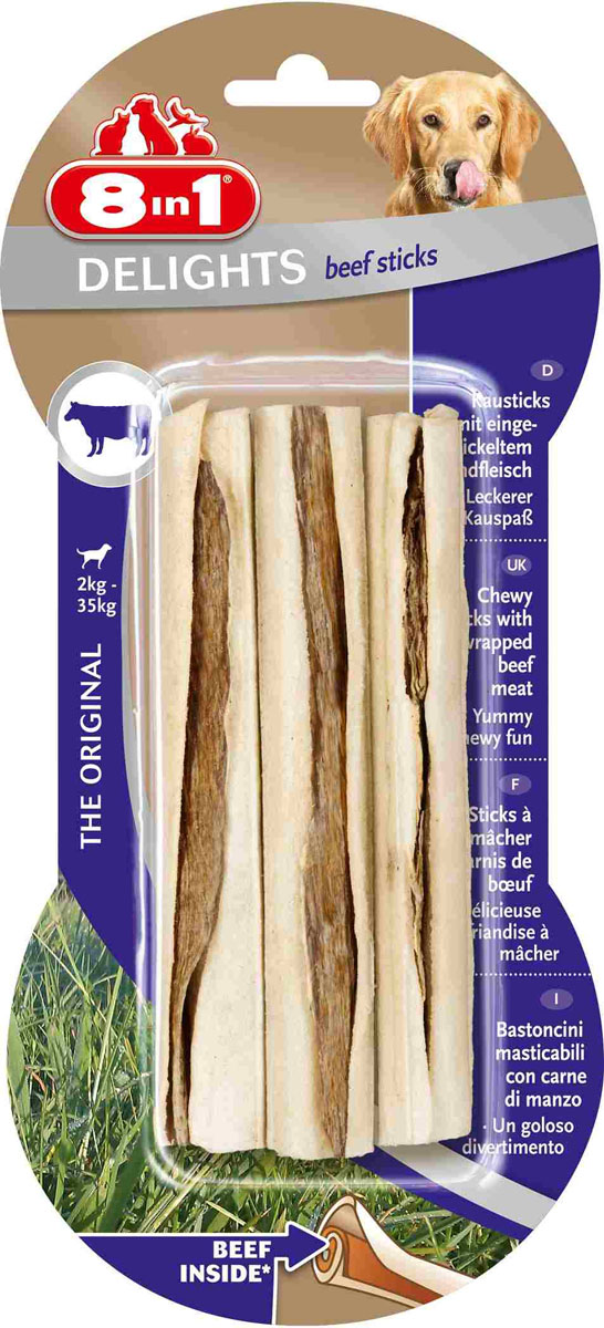 Лакомство 8 in 1 Delights Beef Sticks для собак мелких и средних пород, палочки с говядиной, 3 шт, 75 г108856 Лакомство 8 in 1 Delights Beef Sticks для собак мелких и средних пород, палочки с говядиной, 3 шт, 75 г108856Лакомство 8 in 1 Delights Beef Sticks представляет собой жевательные палочки с говяжьим мясом внутри, содержит единственный источник протеина (говядину). Аппетитное мясо внутри сыромятной кожи не даст вашему любимцу скучать и обеспечит интенсивное жевание. Лакомство предназначено для ухода за зубами, уменьшения зубного налета, предотвращения образования зубного камня, а также для развлечения собаки в моменты, когда хозяина нет дома. Содержит всего 3,5% жира и не содержит искусственных красителей и усилителей вкуса. Состав: мясо и мясные субпродукты (говядина 10%), минеральные вещества. Аналитические компоненты: сырой белок - 82%, сырые масла и жиры -3,5%, сырая клетчатка - 1%, сырая зола - 2%, содержание влаги - 14%. Вес: 75 г. Комплектация: 3 шт. Размер палочки: 1,5 см х 13 см. Товар сертифицирован.