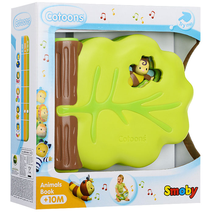 Smoby Развивающая игрушка Cotoons: Музыкальная книжечка211370 Smoby Развивающая игрушка Cotoons: Музыкальная книжечка211370Яркая развивающая игрушка Cotoons: Музыкальная книжечка позволит вашему малышу в игровой форме познакомиться с миром животных и его звуками. Игрушка выполнена в виде книжки с четырьмя листами и тремя кнопками. На разворотах страниц ребенок увидит овечек, пчел, корову, лошадку, утку, кроликов, осла и козочек, а нажимая на кнопки, он услышит характерные звуки, воспроизводимые соответствующими животными. Развивающая игрушка Cotoons: Музыкальная книжечка поможет ребенку развить цветовое и звуковое восприятия, координацию движений, мелкую моторику рук и понять причинно-следственные связи, а текстильные элементы поспособствуют развитию тактильных ощущений. Характеристики: Материал: пластик, текстиль. Рекомендуемый возраст: от 10 месяцев. Размер книжки (ДхШхВ): 18 см х 15,5 см х 3,5 см. Размер упаковки (ДхШхВ): 21 см х 23 см х 7 см. Для работы игрушки необходимы 2 батареи напряжением 1,5V типа ААА (товар комплектуется демонстрационными).