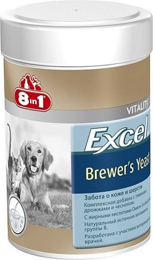 Добавка 8 in 1 Excel. Brewers Yeast, для кошек и собак, 260 таблеток108603 Добавка 8 in 1 Excel. Brewers Yeast, для кошек и собак, 260 таблеток1086038 in 1 Excel. Brewers Yeast - комплексная добавка, содержащая пивные дрожжи и чеснок, богата витаминами группы В, жиром ценных пород рыб (источник жирных кислот Омега-3). Специальный баланс витаминов и микроэлементов способствует поддержанию здоровой кожи и блестящей шерсти, стимуляции иммунной системы, улучшения аппетита, профилактики заболеваний печени у собак и кошек. Применение: Добавку давать собакам (кошкам) ежедневно по 1 таблетке на каждые 4 кг веса животного (перед едой или вместе с кормом). Рекомендуемый курс применения 14-30 дней. Изменения дозировки или повторный курс по показаниям. Состав: пивные дрожжи (Saccharomyces cerevisiae), стеариновая кислота, глицерин, чеснок, сафлоровое масло, диоксид кремния, масло тунца. Не содержит искусственных консервантов и красителей. Пищевая ценность: сырой белок - 43%, сырой жир - 7%, сырая клетчатка - 1%, зола - 9%, влага - 8%. Витамины: витамин В1 800 мг/кг, витамин В2 500...