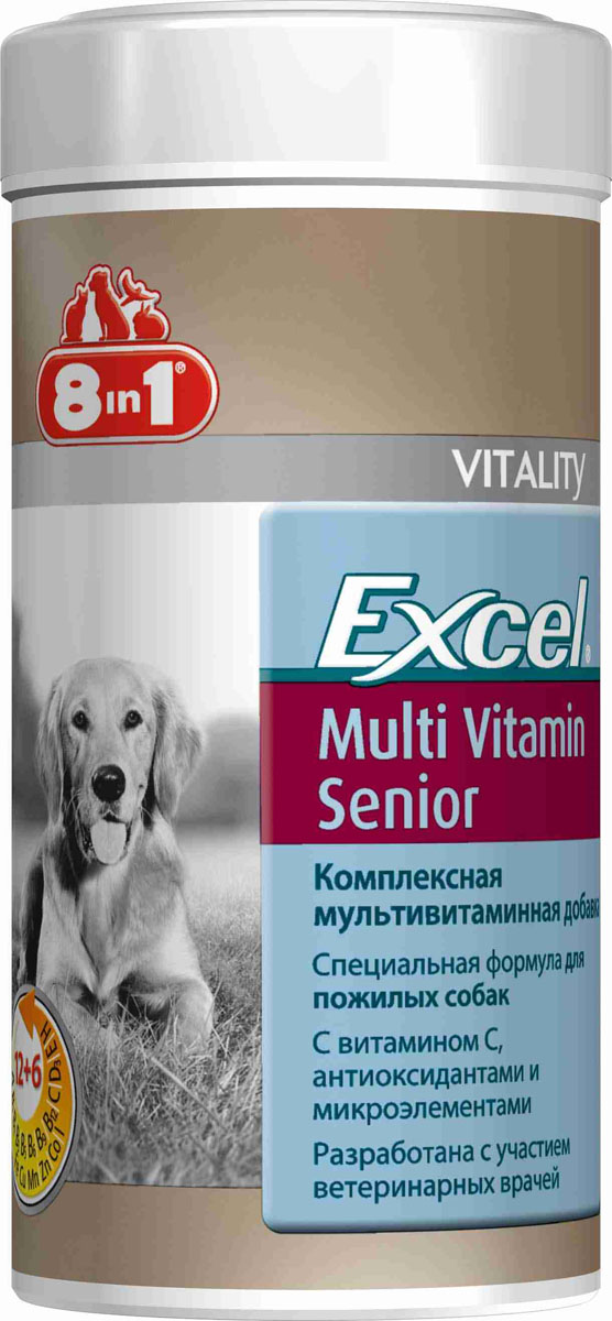 Добавка 8 in 1 Excel. Multi Vitamin, для пожилых собак, 70 таблеток108696 Добавка 8 in 1 Excel. Multi Vitamin, для пожилых собак, 70 таблеток108696Мультивитаминная добавка для пожилых собак 8 in 1 Excel. Multi Vitamin с витаминами и микроэлементами помогает предотвратить проблемы, связанные с дефицитом питательных веществ в рационе. Содержит натуральные антиоксиданты и витамин С, поддерживающие иммунную систему, и отвечает специфических потребностям пожилых собак. Комплекс восполняет недостаток витаминов и минералов в питании животного. Он рекомендован собакам в зимние и весенние месяцы для профилактики авитаминоза. При несбалансированном питании (со стола или дешевыми кормами) необходимо давать препарат ежедневно для восстановления обмена веществ. Применение: Добавку давать собакам (старше 6 лет), весом менее 4 кг - по 0,5 таблетки в день, от4 до 20 кг - по 1 таблетке в день, более 20 кг - по 2 таблетки в день (перед кормлением). Рекомендуемый курс применения 14-30 дней. Изменения дозировки или повторный курс по показаниям. Характеристики: Состав: пивные...