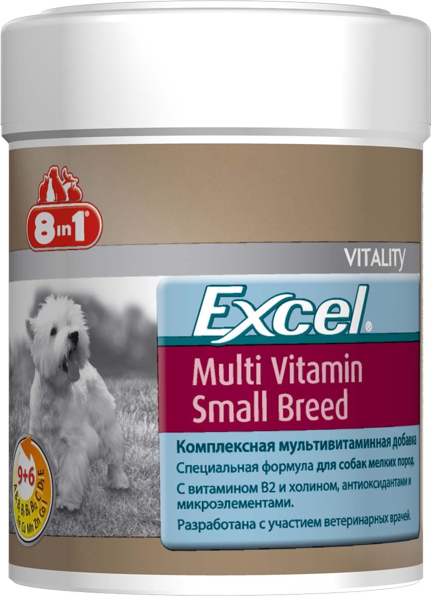 Добавка 8 in 1 Excel. Multi Vitamin, для собак мелких пород, 70 таблеток109372 Добавка 8 in 1 Excel. Multi Vitamin, для собак мелких пород, 70 таблеток109372Мультивитаминная добавка для собак мелких пород 8 in 1 Excel. Multi Vitamin содержит витамины В2 и В 4 (холин), жир ценных пород рыб (источник жирных кислот Омега-3) и микроэлементы. Специальная формула обеспечивает идеальный баланс минеральных веществ и витаминов, необходимых для поддержания активного образа жизни собак мелких пород. Комплекс восполняет недостаток витаминов и минералов в питании животного. Он рекомендован собакам в зимние и весенние месяцы для профилактики авитаминоза. При несбалансированном питании (со стола или дешевыми кормами) необходимо давать препарат ежедневно для восстановления обмена веществ. Применение: Добавку давать собакам, весом менее 4 кг - по 0,5 таблетки в день, от 4 до 10 кг - по 1 таблетке в день (перед кормлением). Больным, выздоравливающим, беременным и кормящим собакам давать по 2 таблетки в день. Рекомендуемый курс применения 14-30 дней. Изменения дозировки или повторный курс по...