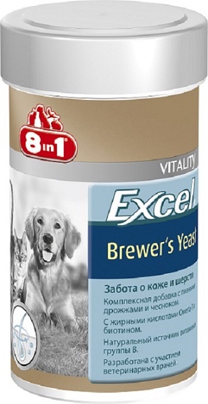 Добавка 8 in 1 Excel. Brewers Yeast, для кошек и собак, 140 таблеток109495 Добавка 8 in 1 Excel. Brewers Yeast, для кошек и собак, 140 таблеток1094958 in 1 Excel. Brewers Yeast - комплексная добавка, содержащая пивные дрожжи и чеснок, богата витаминами группы В, жиром ценных пород рыб (источник жирных кислот Омега-3). Специальный баланс витаминов и микроэлементов способствует поддержанию здоровой кожи и блестящей шерсти, стимуляции иммунной системы, улучшения аппетита, профилактики заболеваний печени у собак и кошек. Применение: Добавку давать собакам (кошкам) ежедневно по 1 таблетке на каждые 4 кг веса животного (перед едой или вместе с кормом). Рекомендуемый курс применения 14-30 дней. Изменения дозировки или повторный курс по показаниям. Состав: пивные дрожжи (Saccharomyces cerevisiae), стеариновая кислота, глицерин, чеснок, сафлоровое масло, диоксид кремния, масло тунца. Не содержит искусственных консервантов и красителей. Пищевая ценность: сырой белок - 43%, сырой жир - 7%, сырая клетчатка - 1%, зола - 9%, влага - 8%. Витамины: витамин В1 800 мг/кг, витамин В2 500...