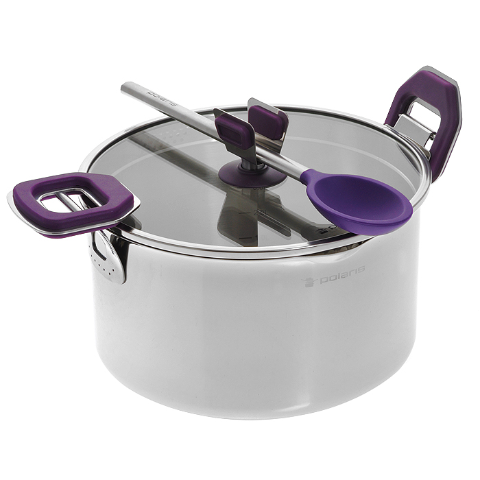 Кастрюля Polaris Violette с крышкой. Диаметр 24 см 5 л + ПОДАРОК: Ложка005299 Кастрюля Polaris Violette с крышкой. Диаметр 24 см 5 л + ПОДАРОК: Ложка005299Кастрюля Polaris Violette изготовлена из высококачественной нержавеющей стали 18/10 с зеркальной полировкой. Внутренняя поверхность матовая. Специальное утолщенное дно с прослойкой из алюминия обеспечивает быстрый и равномерный нагрев посуды. Внутренние стенки имеют отметки литража. Кастрюля оснащена носиками с двух сторон. Крышка изготовлена из термостойкого стекла, оснащена широким металлическим ободом с отверстиями разного диаметра, а также ручкой с держателем для ложки. Многофункциональные подвижные ручки с эффектом Soft-Touch, выполненные из бакелита с прорезиненной поверхностью фиолетового цвета, облегчают процесс слива жидкости. Они плотно фиксируют крышку; благодаря носикам и отверстиям в ободе крышки лишнюю жидкость можно вылить, не снимая крышки. Ручки не нагреваются, поэтому нет необходимости использовать прихватки. Подходит для всех типов плит: газовых, электрических, галогенных, стеклокерамических, индукционных. Подходит для использования в духовом шкафу....
