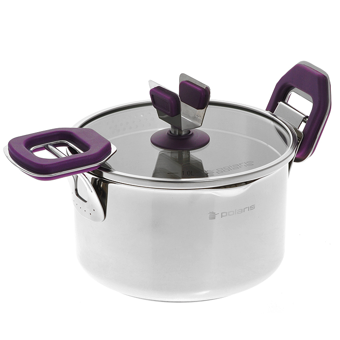 Кастрюля Polaris Violette с крышкой. Диаметр 18 смVIOL-18C Кастрюля Polaris Violette с крышкой. Диаметр 18 смVIOL-18CКастрюля Polaris Violette изготовлена из высококачественной нержавеющей стали 18/10 с зеркальной полировкой. Внутренняя поверхность матовая. Специальное утолщенное дно с прослойкой из алюминия обеспечивает быстрый и равномерный нагрев посуды. Внутренние стенки имеют отметки литража. Кастрюля оснащена носиками с двух сторон. Крышка изготовлена из термостойкого стекла, оснащена широким металлическим ободом с отверстиями разного диаметра, а также ручкой с держателем для ложки. Многофункциональные подвижные ручки с эффектом Soft-Touch, выполненные из бакелита с прорезиненной поверхностью фиолетового цвета, облегчают процесс слива жидкости. Они плотно фиксируют крышку; благодаря носикам и отверстиям в ободе крышки лишнюю жидкость можно вылить, не снимая крышки. Ручки не нагреваются, поэтому нет необходимости использовать прихватки. Подходит для всех типов плит: газовых, электрических, галогенных, стеклокерамических, индукционных. Подходит для использования в духовом шкафу....
