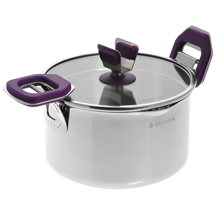 Кастрюля Polaris Violette с крышкой, 3,5 лVIOL-20C Кастрюля Polaris Violette с крышкой, 3,5 лVIOL-20CКастрюля Polaris Violette изготовлена из высококачественной нержавеющей стали 18/10 с зеркальной полировкой. Внутренняя поверхность матовая. Специальное утолщенное дно с прослойкой из алюминия обеспечивает быстрый и равномерный нагрев посуды. Внутренние стенки имеют отметки литража. Кастрюля оснащена носиками с двух сторон. Крышка изготовлена из термостойкого стекла, оснащена широким металлическим ободом с отверстиями разного диаметра, а также ручкой с держателем для ложки. Многофункциональные подвижные ручки с эффектом Soft-Touch, выполненные из бакелита с прорезиненной поверхностью фиолетового цвета, облегчают процесс слива жидкости. Они плотно фиксируют крышку; благодаря носикам и отверстиям в ободе крышки лишнюю жидкость можно вылить, не снимая крышки. Ручки не нагреваются, поэтому нет необходимости использовать прихватки. Подходит для всех типов плит: газовых, электрических, галогенных, стеклокерамических, индукционных. Подходит для использования в духовом шкафу....