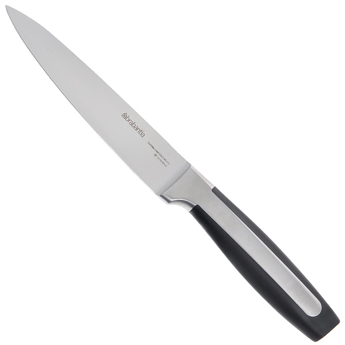 Нож для мяса Brabantia, длина лезвия 16 см. 500022500022 Нож для мяса Brabantia, длина лезвия 16 см. 500022500022Нож для мяса Brabantia имеет длинное лезвие с заостренным концом, что идеально подходит для нарезки всех видов мяса. Лезвие долгое время остается острым, так как выполнено из закаленной стали (высокоуглеродистая молибден-ванадиевая сталь). Этот вид стали устойчив к появлению царапин и коррозии. Сбалансированная эргономичная рукоятка с вставками из бакелита черного цвета обеспечивает надежный захват. На рукоятке имеется специальная выемка для пальца, что делает нож легким и безопасным в использовании. Можно мыть в посудомоечной машине при температуре 55°С. «Если хотите сэкономить, лучше купить один классный нож... Один небольшой, универсальный, которым можно делать буквально все. Еще один чуть побольше - резать хлеб, разбираться с мясом, разделывать курицу. Ну и маленький нож, которым можно почистить овощи, снять цедру, что-то измельчить.»