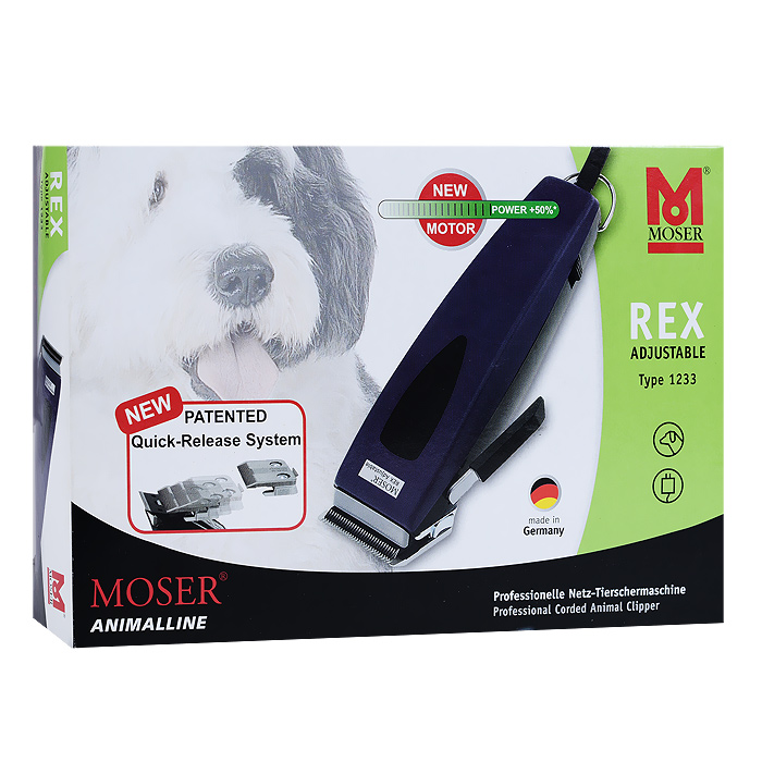 Машинка для стрижки животных Moser Rex Adjustable, со съемным ножом. 1233-00611233-0061 Машинка для стрижки животных Moser Rex Adjustable, со съемным ножом. 1233-00611233-0061Машинка для стрижки животных Moser Rex Adjustable предназначена для быстрой и легкой стрижки домашних животных. Профессиональный хромированный нож с прецизионной заточкой имеет запатентованную систему быстрой смены. Нож удобно использовать и легко чистить. Длину стрижки можно регулировать: нож имеет 6 положений фиксации в пределах 0,1 мм - 3 мм. Машинка идет плавно, имеет низкую шумовую нагрузку. Поляризационный анкерный вибродвигатель обеспечивает непрерывную работу и эффективность результата. Круглый кабель длиной 3 м имеет ушко для подвешивания. В комплект входит: - машинка; - защитная крышка для ножа; - 2 насадки (6 мм и 9 мм); - щеточка для чистки; - масло. Размер корпуса машинки (ДхШхВ): 5 см х 18 см х 4 см. Длина рабочей поверхности ножа: 4 см. Ширина среза: 46 мм. Высота среза: 0,1-3 мм. Мощность: 15 Вт. Количество насадок: 2 шт.