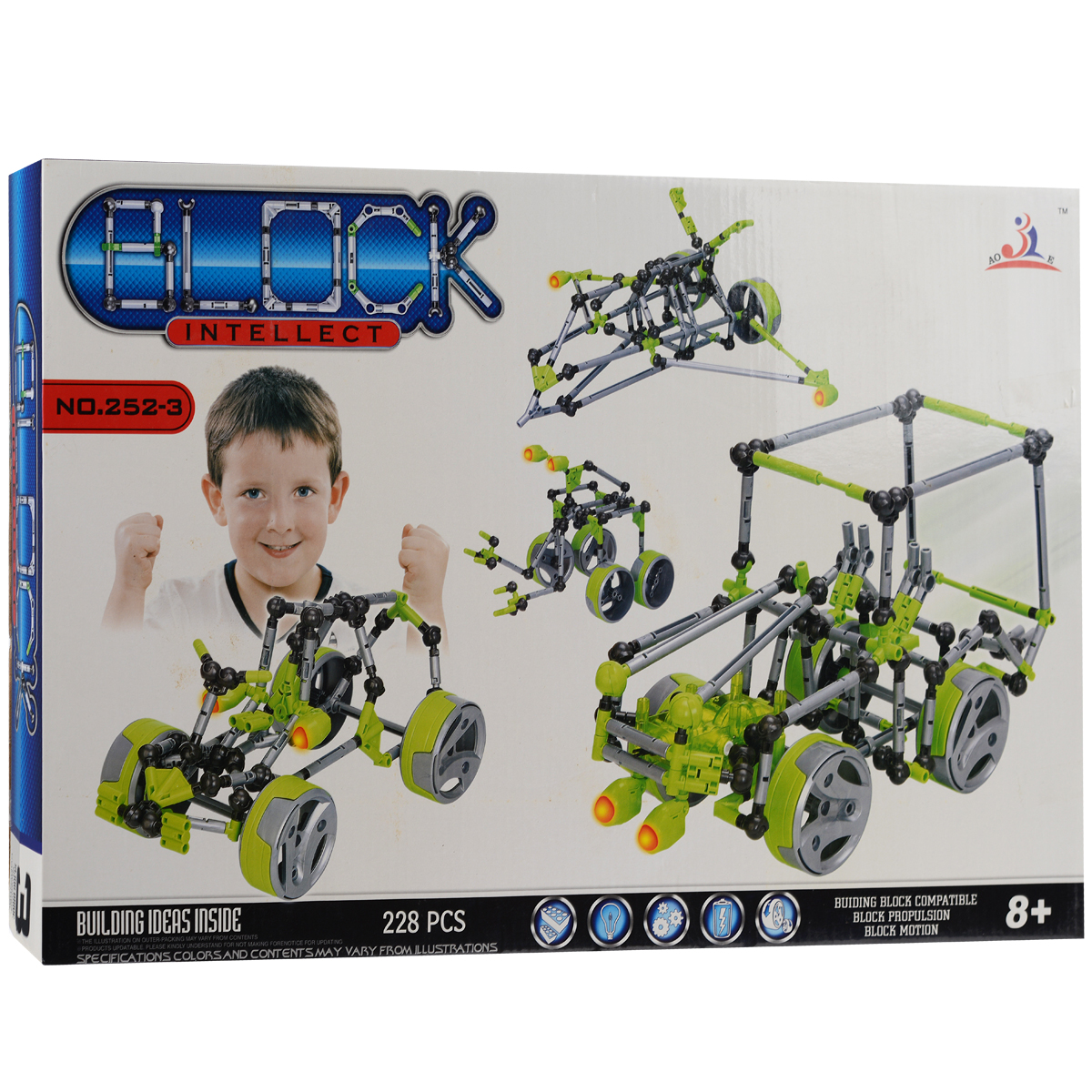 Intellect Block Конструктор 252-3252-3 Intellect Block Конструктор 252-3252-3Конструктор Intellect Block позволит вашему ребенку весело и с пользой провести время. Набор включает в себя 228 пластиковых элементов, с помощью которых можно собрать множество подвижных конструкций. Ребенок может воспользоваться примерами из буклета или проявить фантазию, создав собственный шедевр. Некоторые элементы конструктора при нажатии на кнопку светятся красным светом, что добавляет той или иной модели реалистичности. Особые моторчики способны оживить некоторые конструкции. Также в набор входит схематичная инструкция по сборке моделей. Конструктор Intellect Block поможет ребенку развить мелкую моторику рук, координацию движений и усидчивость. Характеристики: Размер упаковки (ДхШхВ): 50 см x 32 см x 7 см.