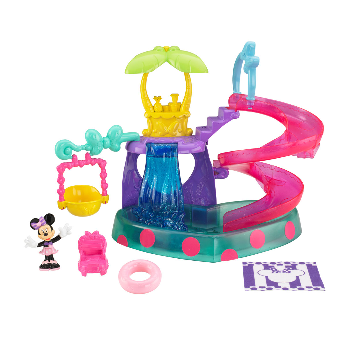 Minnie Mouse Игровой набор с мини-фигуркой Вечеринка у бассейнаBDG93 Minnie Mouse Игровой набор с мини-фигуркой Вечеринка у бассейнаBDG93Игровой набор Minnie Mouse Вечеринка у бассейна привлечет внимание вашей малышки и не позволит ей скучать. Минни любит вечеринки у бассейна! Когда она хочет поплескаться в бассейне в горошек в форме сердца, она спускается вниз по двойной спиральной горке. Минни может проплывать мимо водопада и кататься на качелях у бассейна. Поверните качели над бассейном, и Минни сможет кататься прямо в бассейне. Она может проголодаться от такого отдыха на солнце, так что можно подняться на второй уровень и перекусить в буфете. В набор входят: бассейн в форме сердечка, фигурка Минни, горка, шезлонг, полотенце и круг. Порадуйте своего ребенка таким замечательным подарком!
