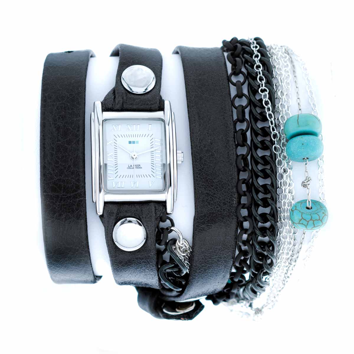 Часы наручные женские La Mer Collections Stones Santa Fe. LMCW7005xLMCW7005x Часы наручные женские La Mer Collections Stones Santa Fe. LMCW7005xLMCW7005xЧасы оснащены японским кварцевым механизмом. Корпус прямоугольной формы выполнен из нержавеющей стали серебристого цвета. Оригинальный кожаный ремешок черного цвета отделан металлическими клепками и дополнен декоративными камнями и цепочками. Каждая модель женских наручных часов La Mer Collections имеет эксклюзивный дизайн, в основу которого положено необычное сочетание классических циферблатов с удлиненными кожаными ремешками. Оборачиваясь вокруг запястья несколько раз, они образуют эффект кожаного браслета, превращая часы в женственный аксессуар, который великолепно дополнит другие аксессуары и весь образ в целом. Дизайн La Mer Collections отвечает всем последним тенденциям моды и превосходно сочетается с модными сумками, ремнями, обувью и другими элементами гардероба современных девушек. Часы La Mer - это еще и отличный подарок любимой девушке, сестре или подруге на день рождения, восьмое марта или новый год!