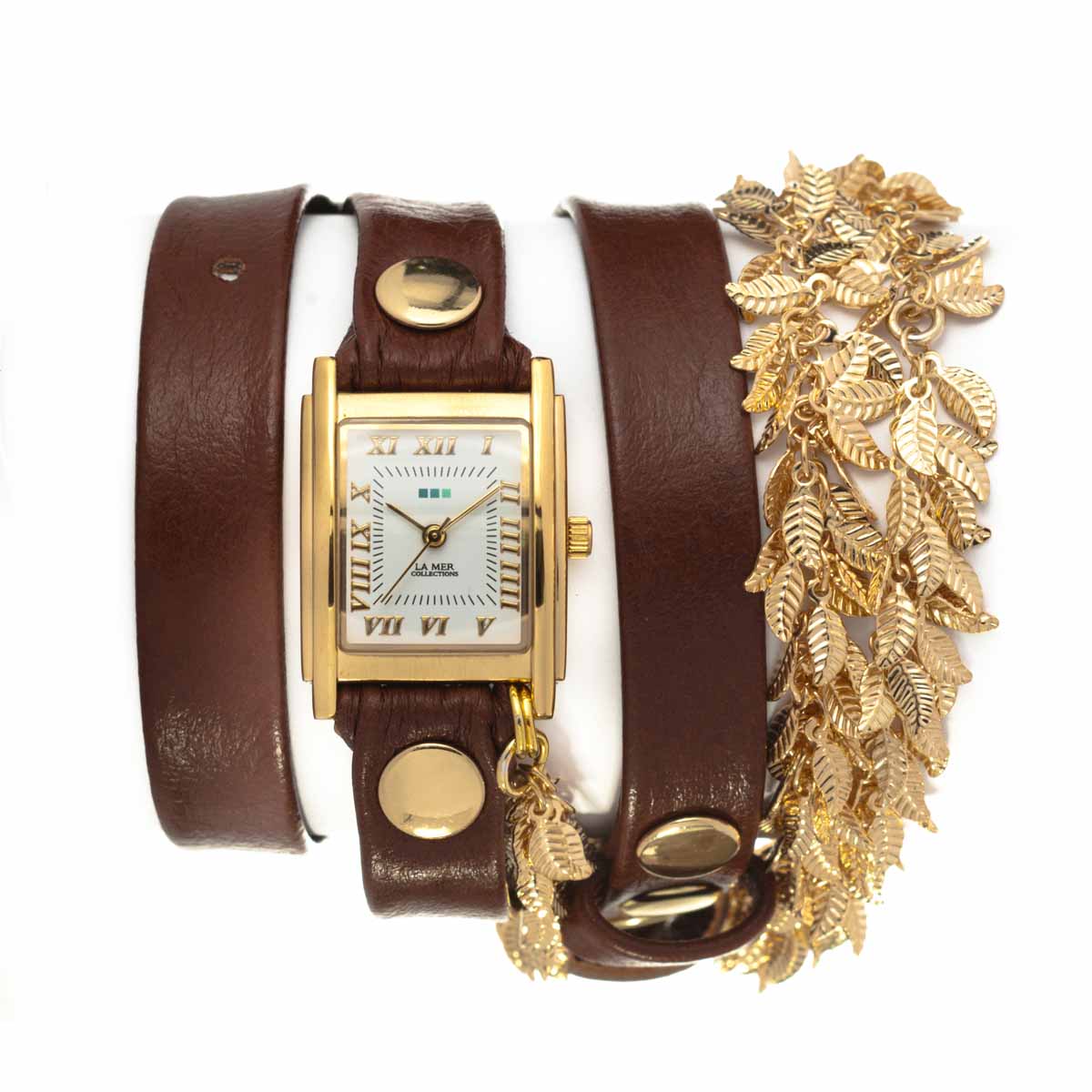 Часы наручные женские La Mer Collections Chain Multi Leaf Gold Brown. LMCW9002LMCW9002 Часы наручные женские La Mer Collections Chain Multi Leaf Gold Brown. LMCW9002LMCW9002Часы оснащены японским кварцевым механизмом. Корпус прямоугольной формы выполнен из нержавеющей стали золотистого цвета. Оригинальный кожаный ремешок коричневого цвета отделан металлическими клепками и дополнен металлическими листьями. Каждая модель женских наручных часов La Mer Collections имеет эксклюзивный дизайн, в основу которого положено необычное сочетание классических циферблатов с удлиненными кожаными ремешками. Оборачиваясь вокруг запястья несколько раз, они образуют эффект кожаного браслета, превращая часы в женственный аксессуар, который великолепно дополнит другие аксессуары и весь образ в целом. Дизайн La Mer Collections отвечает всем последним тенденциям моды и превосходно сочетается с модными сумками, ремнями, обувью и другими элементами гардероба современных девушек. Часы La Mer - это еще и отличный подарок любимой девушке, сестре или подруге на день рождения, восьмое марта или новый год!
