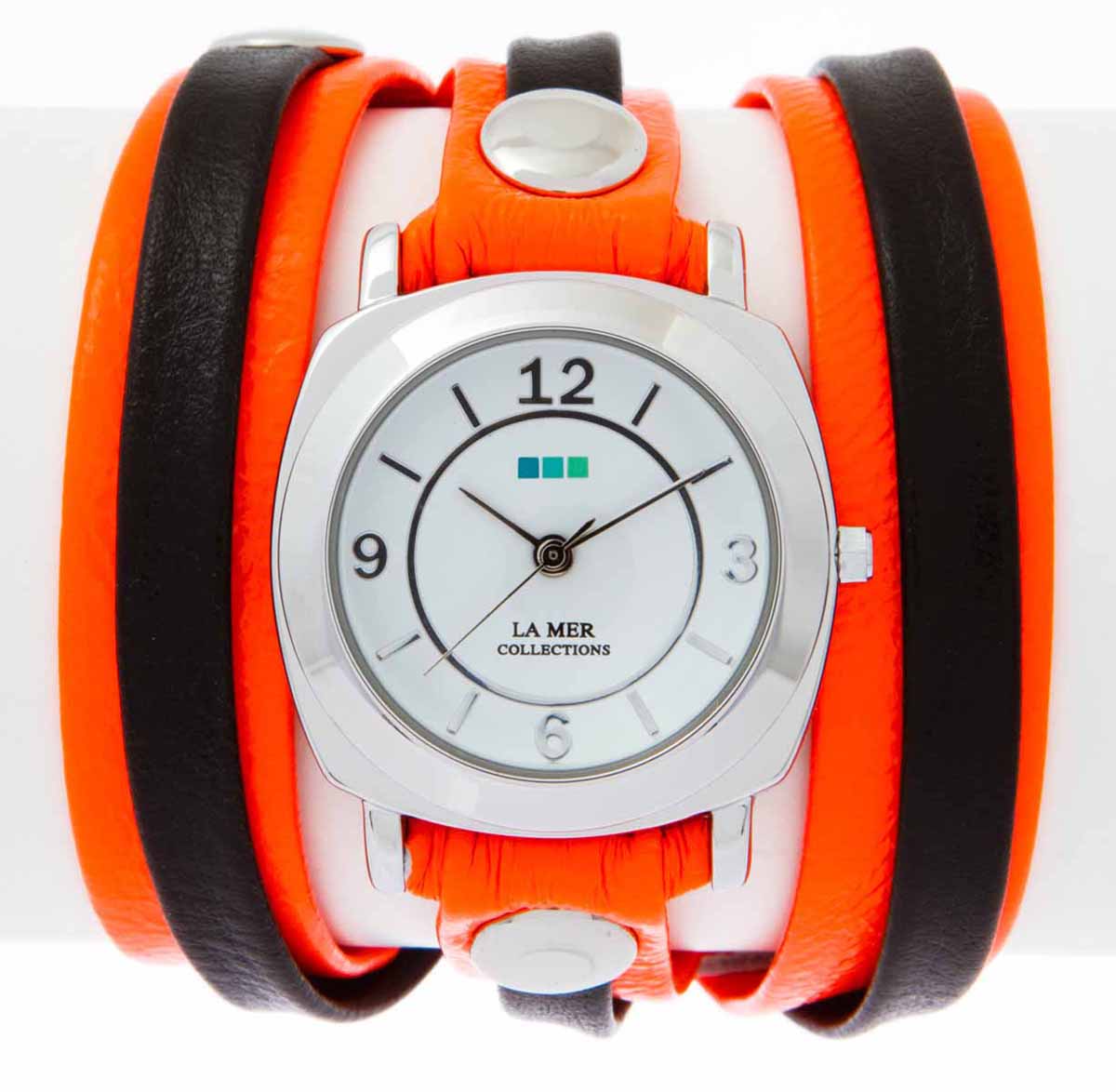 Часы наручные женские La Mer Collections Layer Odyssey Neon Orange Black. LMODYLY002LMODYLY002 Часы наручные женские La Mer Collections Layer Odyssey Neon Orange Black. LMODYLY002LMODYLY002Часы оснащены японским кварцевым механизмом. Корпус круглой формы выполнен из нержавеющей стали серебристого цвета. Оригинальный кожаный ремешок черного и оранжевого цветов отделан металлическими клепками. Каждая модель женских наручных часов La Mer Collections имеет эксклюзивный дизайн, в основу которого положено необычное сочетание классических циферблатов с удлиненными кожаными ремешками. Оборачиваясь вокруг запястья несколько раз, они образуют эффект кожаного браслета, превращая часы в женственный аксессуар, который великолепно дополнит другие аксессуары и весь образ в целом. Дизайн La Mer Collections отвечает всем последним тенденциям моды и превосходно сочетается с модными сумками, ремнями, обувью и другими элементами гардероба современных девушек. Часы La Mer - это еще и отличный подарок любимой девушке, сестре или подруге на день рождения, восьмое марта или новый год!