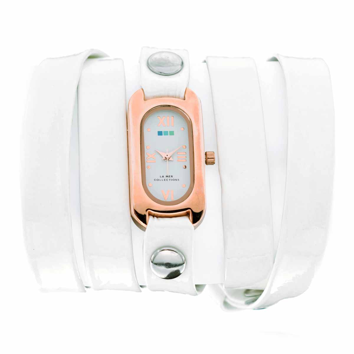 Часы наручные женские La Mer Collections Soho White Patent Rose Gold Case. LMSOHO1003 LakLMSOHO1003 Lak Часы наручные женские La Mer Collections Soho White Patent Rose Gold Case. LMSOHO1003 LakLMSOHO1003 LakЧасы оснащены японским кварцевым механизмом. Корпус прямоугольной формы выполнен из нержавеющей стали золотистого цвета. Оригинальный кожаный ремешок белого цвета отделан металлическими клепками. Каждая модель женских наручных часов La Mer Collections имеет эксклюзивный дизайн, в основу которого положено необычное сочетание классических циферблатов с удлиненными кожаными ремешками. Оборачиваясь вокруг запястья несколько раз, они образуют эффект кожаного браслета, превращая часы в женственный аксессуар, который великолепно дополнит другие аксессуары и весь образ в целом. Дизайн La Mer Collections отвечает всем последним тенденциям моды и превосходно сочетается с модными сумками, ремнями, обувью и другими элементами гардероба современных девушек. Часы La Mer - это еще и отличный подарок любимой девушке, сестре или подруге на день рождения, восьмое марта или новый год! Характеристики: Механизм: кварцевый SEIKO (Япония). Размер корпуса: 32 х 19 х...
