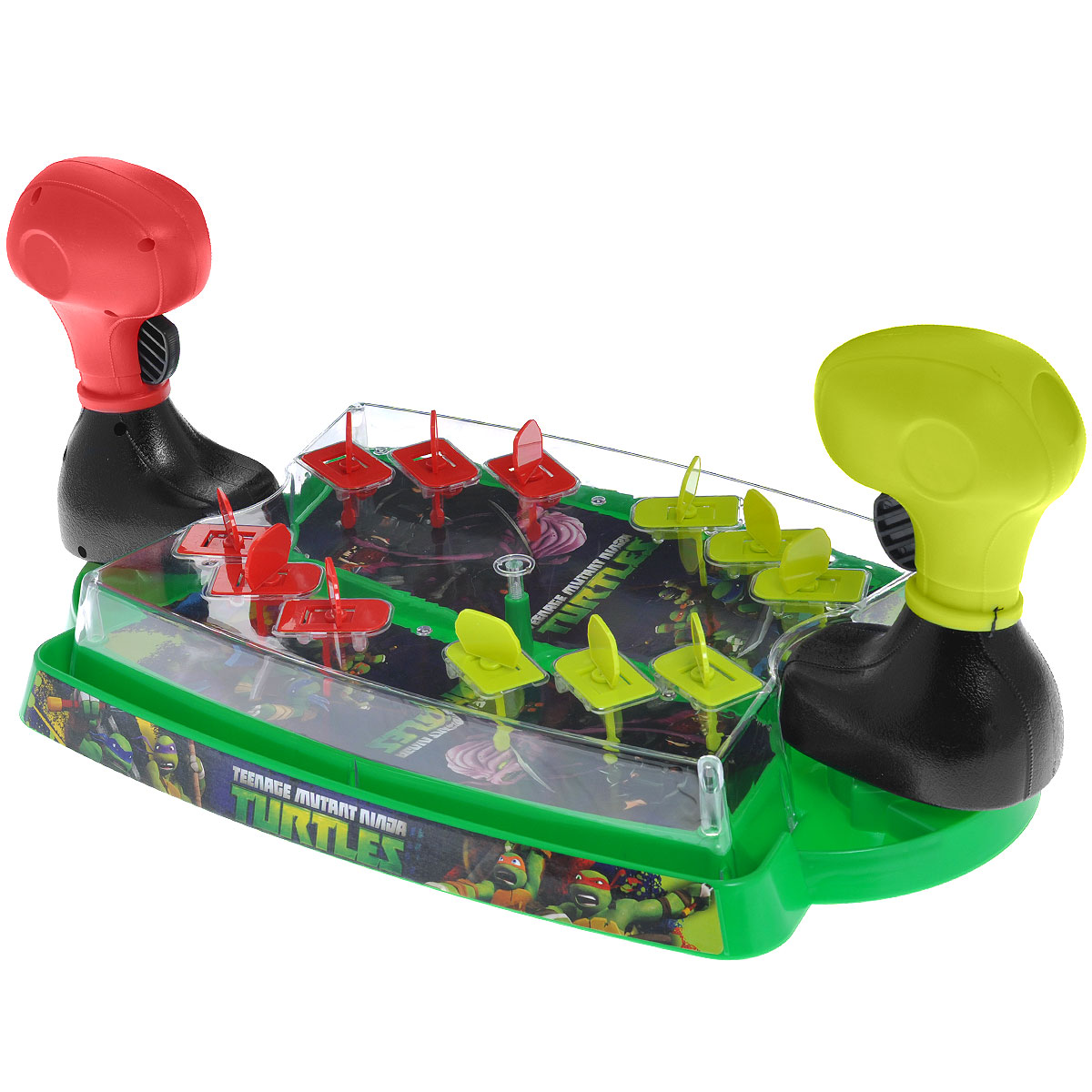 Настольная игра Turtles Пинбольная битваTMT-S13-724 Настольная игра Turtles Пинбольная битваTMT-S13-724Настольная игра Turtles Пинбольная битва непременно понравится вашему ребенку и позволит ему весело провести время в компании друга. Она представляет собой игровое поле с двумя стреляющими шариками устройствами. На поле располагаются мишени на подставках двух цветов: зеленые - с изображением команды Черепашек-Ниндзя и красные - с изображением их врагов. Игроки занимают позиции у своего пускового устройства и стараются прицельными выстрелами попасть по мишеням противника. В случае попадания мишень взлетает на воздух. Побеждает тот, кто первым сбил все мишени оппонента. В комплект игры входят: игровое поле, 6 мишеней, 2 пусковых устройства, 20 шариков и 28 наклеек на мишени и пусковые устройства. Порадуйте своего ребенка таким замечательным подарком!