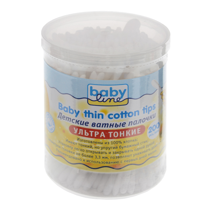 Ватные палочки BabyLine, ультратонкие, 200 шт18273280 Ватные палочки BabyLine, ультратонкие, 200 шт18273280Ватные палочки BabyLine используются для ухода за ушами.ю носом и пупком малыша, также подходят для снятия макияжа. Незаменимы при ежедневном уходе за ребенком. Палочки упакованы в удобный пластиковый контейнер с откидной крышкой.