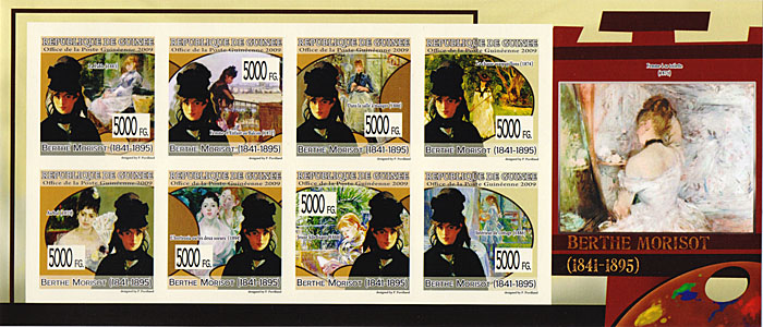 Малый лист без зубцов Берта Моризо. Гвинея, 2009 годF30 BLUE Малый лист без зубцов Берта Моризо. Гвинея, 2009 годF30 BLUEМалый лист без зубцов Берта Моризо. Гвинея, 2009 год. Размер марок 3,5 х 3,5 см, размер листа 9,5 х 22,5 см. Сохранность хорошая.
