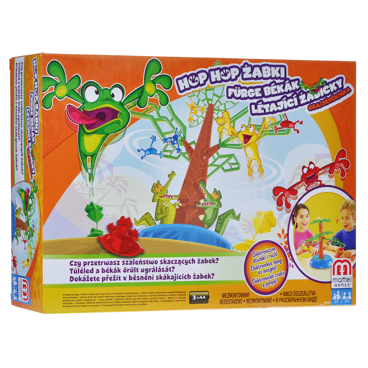 Mattel Games Настольная игра Летающие лягушкиM5754 Mattel Games Настольная игра Летающие лягушкиM5754Настольная игра Mattel Games Летающие лягушки позволит вашему ребенку весело провести время в кругу друзей или семьи. Участники используют пусковые устройства в виде лилий для запуска своих лягушек на вращающееся дерево. У кого больше лягушек останется сидеть на дереве, тот и выиграл раунд! Перед началом игры необходимо установить дерево. Каждый игрок берет себе пусковое устройство и шесть лягушек. Нажмите на верхушку дерева, чтобы оно начало крутиться. Игроки запускают лягушек на дерево до тех пор, пока оно не закроется. Тот, у кого больше лягушек останется на дереве, выигрывает раунд. Участник, выигравший три раунда, становится победителем. В комплект игры входят: 24 лягушки (по 6 лягушек красного, желтого, зеленого и синего цветов), 4 пусковых устройства, основание, ствол дерева, 4 ветки, верхушка дерева и правила игры на русском языке. Необходимо докупить 3 батарейки напряжением 1,5V типа АА (не входят в комплект).