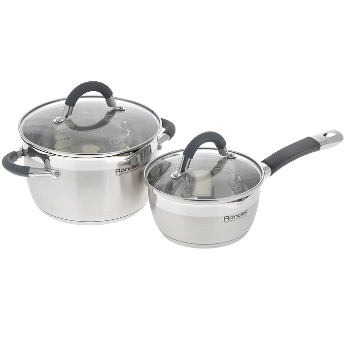 Набор посуды Rondell Flamme, 4 предмета. RDS-340RDS-340 Набор посуды Rondell Flamme, 4 предмета. RDS-340RDS-340Набор посуды Rondell Flamme состоит из кастрюли с крышкой и ковша с крышкой. Посуда изготовлена из высококачественной нержавеющей стали, что гарантирует безупречный внешний вид посуды, практичность и долговечность. Уникальный 2-х этапный метод технологии тройного дна с вштампованным, а затем вплавленным алюминиевым диском позволяет равномерно распределять и значительно дольше сохранять тепло по стенкам и дну посуды, что предотвращает пригорание пищи и обеспечивает более быстрое приготовление блюд. Посуда продолжает готовить даже после выключения плиты! Аккумуляция тепла при закрытой крышке создает замкнутый цикл парообразования, позволяя готовить в такой посуде без использования масла и воды или же с их минимальным количеством, что позволяет сохранить натуральный вкус продуктов. Крышки, выполненные из термостойкого стекла, позволяют контролировать процесс приготовления без потери тепла. Оригинальный дизайн крышек позволяет вам сливать жидкость без дополнительных...