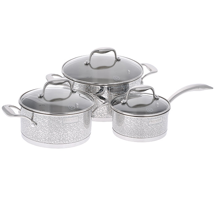 Набор посуды Rondell Vintage, 6 предметов. RDS-379RDS-379 Набор посуды Rondell Vintage, 6 предметов. RDS-379RDS-379Набор посуды Rondell Vintage состоит из 2 кастрюль с крышками и ковша с крышкой. Посуда изготовлена из высококачественной нержавеющей стали 18/10, что гарантирует безупречный внешний вид посуды, практичность и долговечность. Уникальный 2-х этапный метод технологии тройного дна с вштампованным, а затем вплавленным алюминиевым диском позволяет равномерно распределять и значительно дольше сохранять тепло в стенках и дне посуды, что предотвращает пригорание пищи и обеспечивает более быстрое приготовление блюд. Посуда продолжает готовить даже после выключения плиты! Внешние стенки посуды оформлены деколью с эффектом крокелюра. Посуда оснащена ненагревающимися клепаными ручками из нержавеющей стали. Крышки, выполненные из термостойкого стекла, позволяют контролировать процесс приготовления без потери тепла. Аккумуляция тепла при закрытой крышке создает замкнутый цикл парообразования, позволяя готовить в такой посуде без использования масла и воды или же с их...