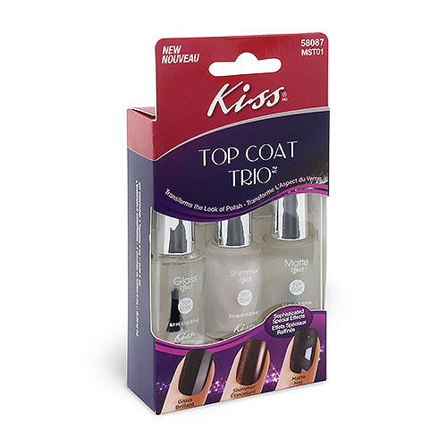 Kiss Набор верхних покрытий для маникюра Top Coat Trio, 3 х 6 мл14-1619 Kiss Набор верхних покрытий для маникюра Top Coat Trio, 3 х 6 мл14-1619Набор покрытий для маникюра Kiss Top Coat Trio поможет вам добиться салонного результата в домашних условиях. В состав набора входят 3 верхних покрытия с модными эффектами: глянцевый, матовый и мерцающий (с шиммером). Покрытия прекрасно сочетаются с любыми оттенками лака, а также их можно комбинировать между собой для создания креативного нейл-арта. Характеристики: Объем: 3 х 6 мл. Производитель: США. Товар сертифицирован.