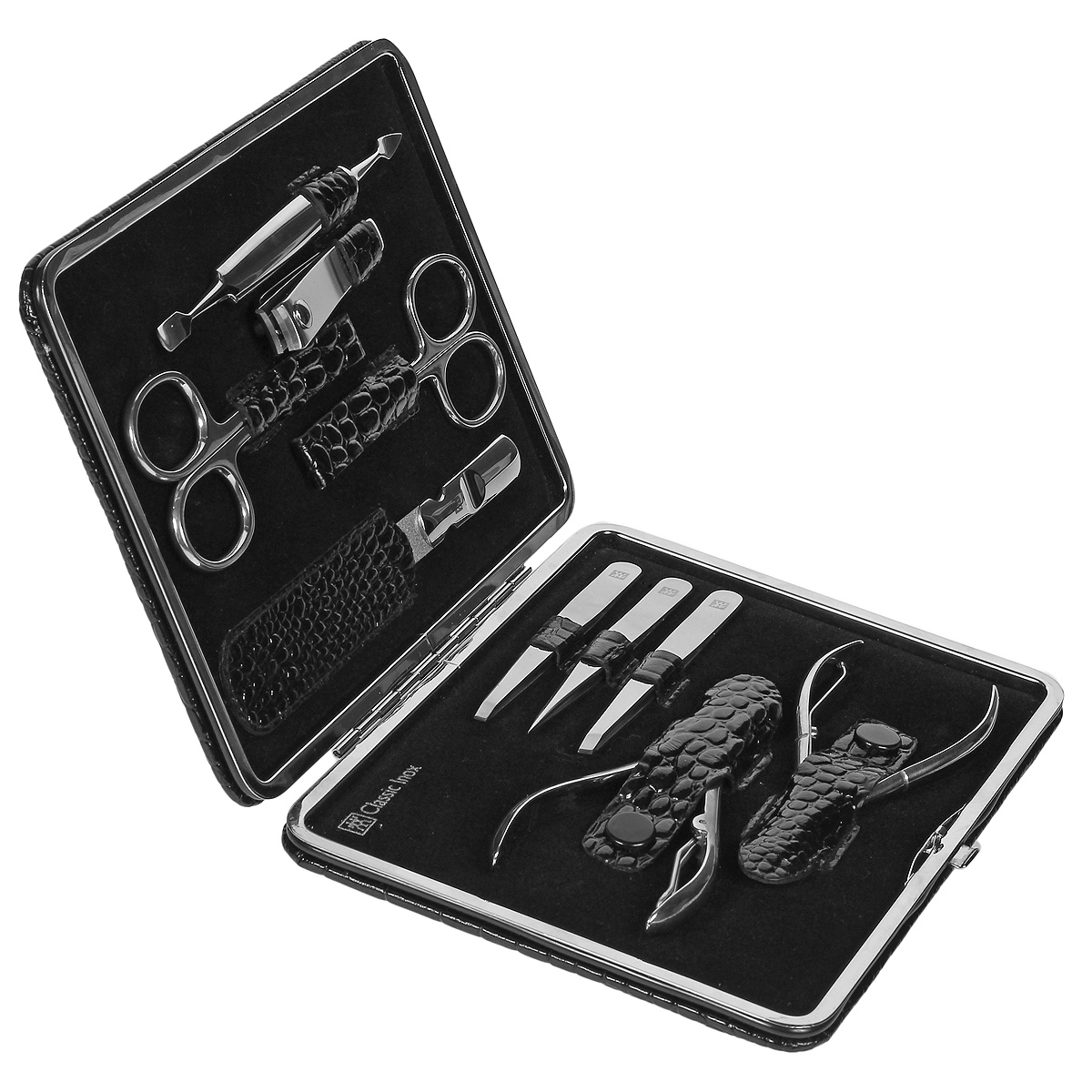 Zwilling Маникюрный набор Inox, цвет: черный, 10 предметов. 97509-00497509-004 Zwilling Маникюрный набор Inox, цвет: черный, 10 предметов. 97509-00497509-004Маникюрный набор Zwilling Inox состоит из 10 предметов: ножниц для ногтей, ножниц для кутикулы, 2-х кусачек для кутикулы, пилочки для ногтей, щипчиков для ногтей, 3-х пинцетов и двойного инструмента для отодвигания кутикулы и чистки под ногтями. Инструменты изготовлены из высококачественной нержавеющей стали и хранятся в футляре из натуральной кожи черного цвета с отделкой под кожу крокодила. Уход: инструменты предохранять от падения на пол. Время от времени смазывать чистым маслом область соединения, винт, внутреннюю часть и режущие кромки кусачек и ножниц. Использовать только по назначению! Затачивать инструменты у специалиста. Хранить в недоступном для детей месте. Характеристики: Материал: нержавеющая сталь. Длина ножниц для ногтей: 9 см. Длина ножниц для кутикулы: 9 см. Длина кусачек для кутикулы: 10 см, 11 см. Длина щипчиков для ногтей: 6 см. Длина пинцетов: 9 см. Общая...