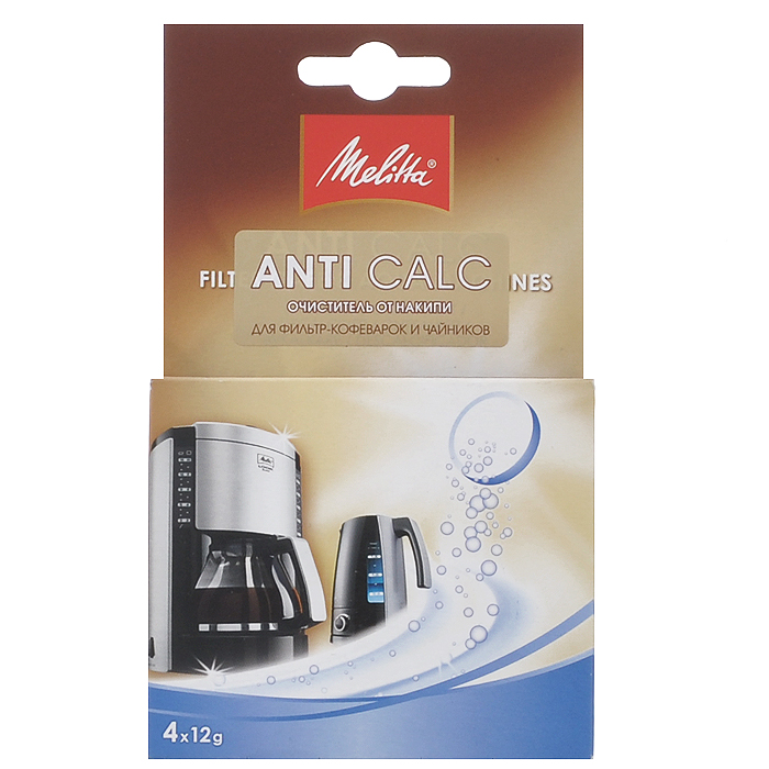 Очиститель от накипи Melitta, для фильтр-кофеварок и чайников, 4х12г1500758 Очиститель от накипи Melitta, для фильтр-кофеварок и чайников, 4х12г1500758Очиститель от накипи Melitta предназначен для фильтр-кофеварок и чайников. Форма выпуска - таблетки. С помощью такого очистителя вы сможете тщательно и бережно удалить известковый налет благодаря активному кислороду. Характеристики: Состав: менее 5% отбеливателя на основе кислорода. Вес таблетки: 12 г. Комплектация: 4 шт. Товар сертифицирован.