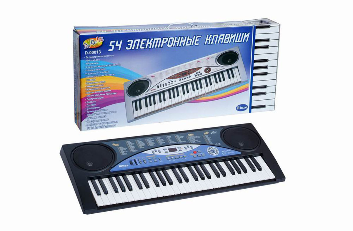 Синтезатор DoReMi, 54 клавиши. D-00013D-00013 Синтезатор DoReMi, 54 клавиши. D-00013D-00013Яркий синтезатор DoReMi привлечет внимание вашего ребенка и доставит ему много удовольствия от часов, посвященных игре с ним. Синтезатор имеет 54 музыкальные клавиши и множество кнопок, позволяющих добавлять различные звуковые эффекты при составлении мелодий, менять темп и ритм музыки. Также можно произвести запись мелодий. Основные характеристики синтезатора: 100 тембров 100 ритмов 2 семи-сегментных светодиода 10 демо-мелодий 4 ударных / 4 голоса Автоматические басовые аккорды Изменение темпа Аккомпанемент Изменение громкости Взятие аккорда одним или несколькими пальцами Синхронизация Вибрато Сустейн Заполнение Транспортирование Программирование ритмов Система записи Воспроизведение. С помощью этого синтезатора ребенок сможет развить свои музыкальные способности и порадовать друзей и близких великолепным концертом. Порадуйте его таким замечательным подарком! ...
