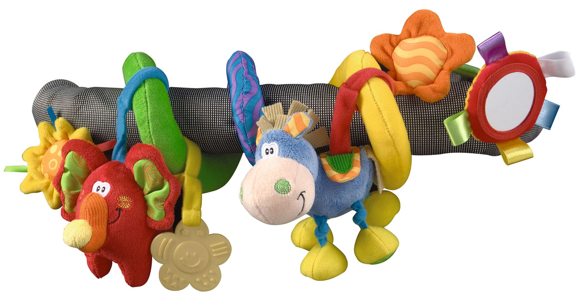 Мягкая игрушка-подвеска Playgro Toy Box0109824 Мягкая игрушка-подвеска Playgro Toy Box0109824Мягкая игрушка-подвеска Playgro Toy Box привлечет внимание вашего малыша и не оставит его равнодушным. Она выполнена из текстильных материалов разных цветов и фактур в виде спиральки, к которой подвешены две игрушки - ослик и слоненок, прорезыватель и зеркальце. Внутри ослика спрятана сфера, гремящая при тряске. Внутри слоненка находится пищалка. Прорезыватель выполнен в форме звездочки, он поможет крохе снять неприятные ощущения при появлении зубов. Круглое безопасное зеркальце поможет ребенку развить эмоциональное восприятие. Благодаря своей форме, подвеска легко накручивается на перекладины или ручки детских колясок, кресел, бортики кроваток и манежей. Игрушка-подвеска Toy Box поможет малышу развить цветовое и звуковое восприятие, мелкую моторику рук и тактильные ощущения, хватательный рефлекс и концентрацию внимания.