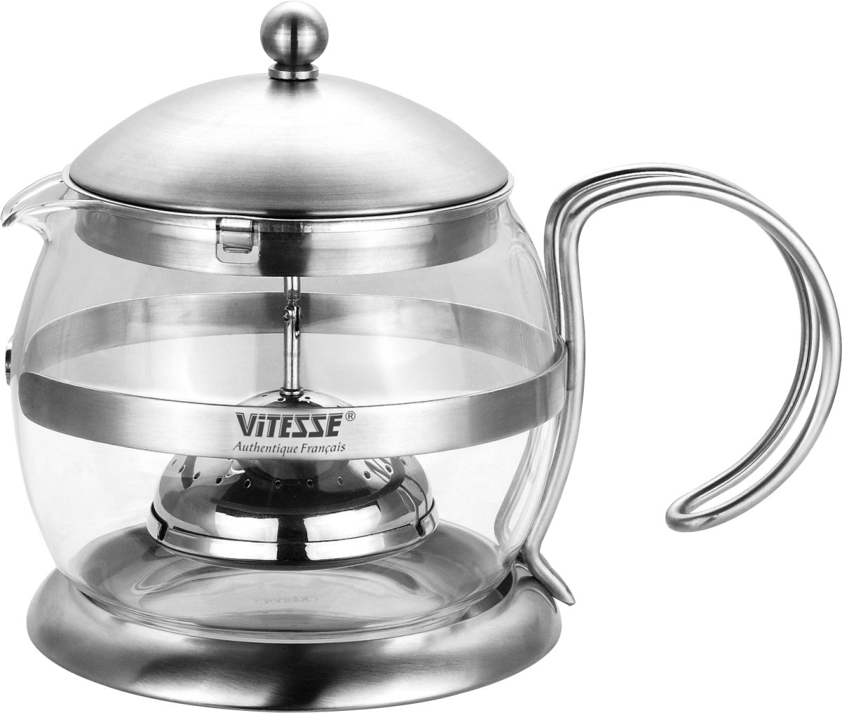 Чайник заварочный Vitesse Ulema, 1 л. VS-1658VS-1658 Чайник заварочный Vitesse Ulema, 1 л. VS-1658VS-1658Заварочный чайник Vitesse Ulema выполнен из высококачественной нержавеющей стали 18/10 с матовой полировкой и термостойкого стекла Pyrex. Чай в таком чайнике дольше остается горячим, а полезные и ароматические вещества полностью сохраняются в напитке. Чайник имеет вынимающийся фильтр-ситечко из нержавеющей стали, что делает его чрезвычайно удобным в использовании. Эстетичный и функциональный, с эксклюзивным дизайном, чайник Vitesse Ulema будет оригинально смотреться в любом интерьере. Чайник пригоден для мытья в посудомоечной машине.