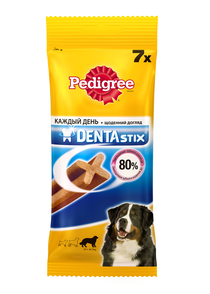 Лакомство по уходу за зубами Pedigree Denta Stix для собак крупных пород, 270 г30491/10109510 Лакомство по уходу за зубами Pedigree Denta Stix для собак крупных пород, 270 г30491/10109510Собакам необходим ежедневный уход за полостью рта. Pedigree Denta Stix - это вкусное лакомство на каждый день, которое не только очищает зубы, но и укрепляет десны и освежает дыхание. Благодаря своей уникальной форме, Pedigree Denta Stix уменьшит у вашего любимца зубной камень до 80%. Denta Stix - это уникальная возможность ухаживать за зубами собаки во время еды. Структура Pedigree Denta Stix имеет Х-образный профиль. Чтобы разжевать косточку, собака должна прилагать усилия, что помогает удалить налет. Pedigree Denta Stix разжевываются в течение довольно долгого времени. Дополнительное преимущество продолжительного жевания состоит в том, что оно стимулирует выделение слюны. Слюна помогает вымывать остатки пищи и удалять их с зубов. Состав: злаки, продукты растительного происхождения, минералы, мясо и субпродукты, белковые растительные экстракты, масла и жиры, ароматизатор куриный натуральный (43,6 г). Анализ: белок - 9,5 г, жир - 2,6 г, клетчатка - 2,4...