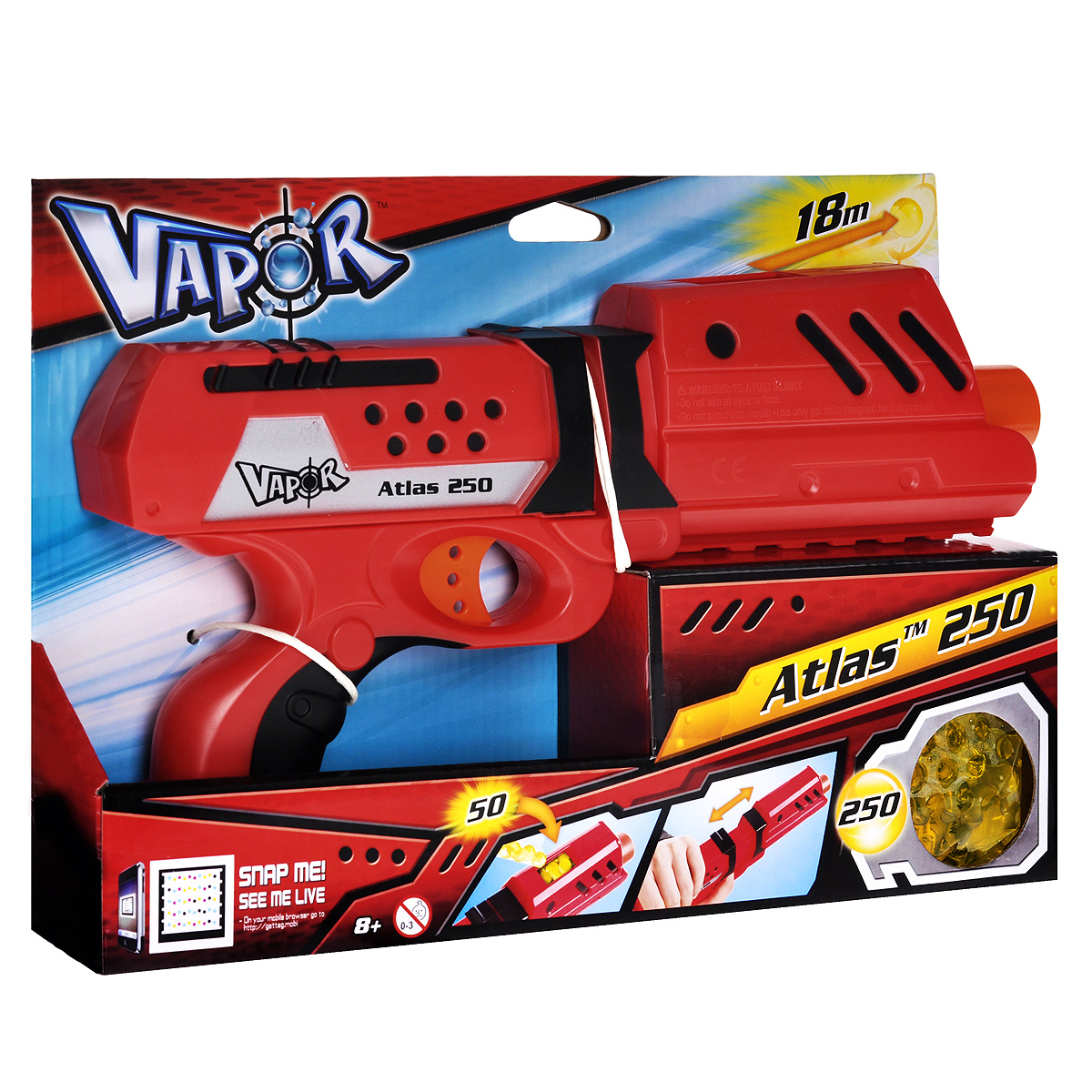 Бластер Vapor Атлас 250, с пульками, цвет: красный10073791 Бластер Vapor Атлас 250, с пульками, цвет: красный10073791Бластер Vapor Атлас 250 позволит вашему ребенку почувствовать себя во всеоружии! Он выполнен из прочного безопасного пластика красного и черного цветов. Бластер стреляет на расстояние до 18 метров. Комплект включает в себя бластер с отсеком на 50 зарядов и 250 гелевых пулек. Пульки представляют собой гелевые шарики, состоящие из воды и полимера. При попадании они безобидно отскакивают от предметов или рассыпаются на частички, не нанося никакого вреда и не оставляя мокрых пятен. Игра с бластером Атлас 250 поможет ребенку в развитии меткости, ловкости, координации движений и сноровки.