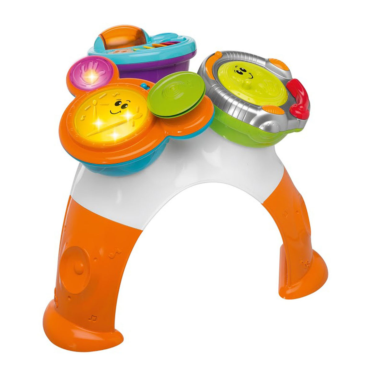 Музыкальный игровой столик Chicco Rock Band00005224000000 Музыкальный игровой столик Chicco Rock Band00005224000000Музыкальный игровой столик Chicco Rock Band не позволит скучать вашему малышу. Он выполнен из прочного безопасного пластика ярких цветов. На столешнице крепятся три элемента. Один из них представляет собой ди-джейский пульт, на котором диск вращается со скретч-эффектом, бегунок передвигается из стороны в сторону со звуком трещотки. На другом элементе расположены разноцветные створки с нотками и прозрачная вращающаяся сфера. Внутри нее находятся маленькие шарики, которые перекатываются и задорно гремят при вращении. Третий элемент со световыми эффектами выполнен в виде барабанной установки с тарелками. Она предусматривает три режима: Создай ритм - ребенок свободно играет на барабанах, извлекая различные звуковые эффекты, выражая свое творческое начало. Придерживайся такта - малыш старается играть на ударных в такт мелодии. Сочини песню - ребенок сочиняет собственные произведения в различных стилях. Элементы легко снимаются, ими можно играть отдельно. ...