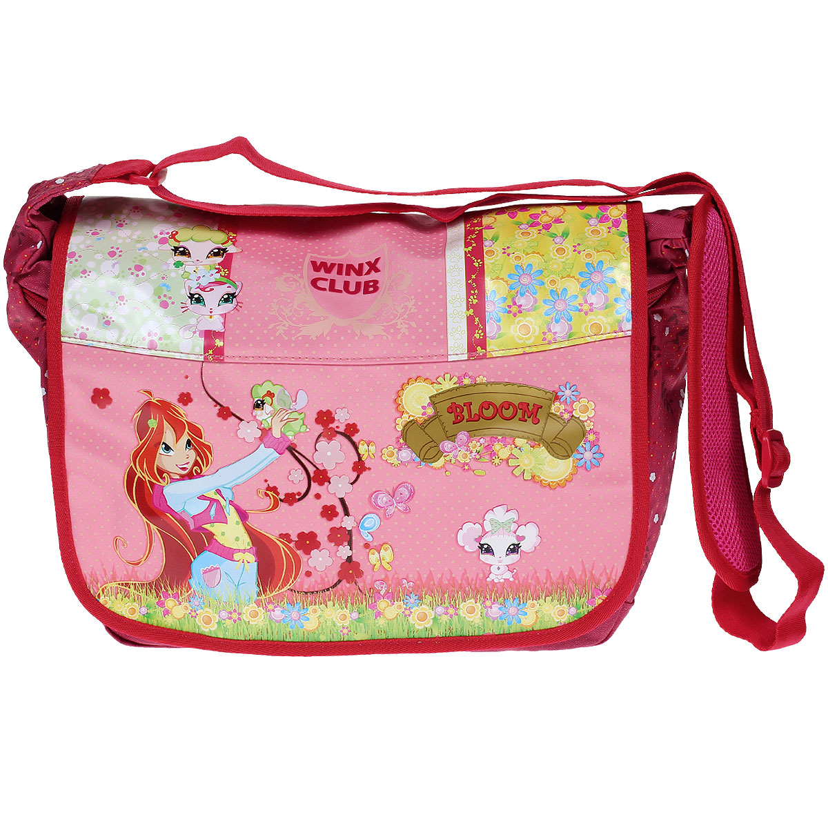 Сумка детская на плечо Winx Club Love & Pet, цвет: темно-розовый, красный20550 Сумка детская на плечо Winx Club Love & Pet, цвет: темно-розовый, красный20550Детская сумка Winx Club Sophix выполнена из прочного износостойкого материала красного и темно-розового цвета и оформлена термоаппликацией с изображением феи Блум со своей пикси - героини популярного мультсериала Winx Club: Школа волшебниц. Сумка состоит из одного вместительного отделения, которое закрывается на застежку-молнию и сверху клапаном на липучках. Внутри него находится пришивной карман на застежке-молнии. Под клапаном расположены два прорезных кармана, закрывающиеся на застежки-молнии, внутри одного из которых имеется подвешенный на текстильный ремешок карабин с металлическим кольцом для ключей. На тыльной стороне сумки находится прорезной карман на застежке-молнии. Сумка оснащена текстильной ручкой для переноски в руке и регулируемым по длине плечевым ремнем с мягкой накладкой, благодаря чему подойдет детям любого роста. Порадуйте свою малышку таким замечательным подарком!