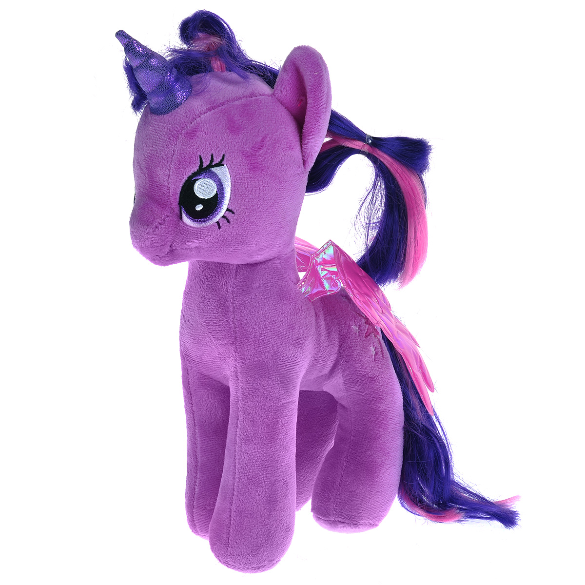 My Little Pony. Пони Twilight Sparkle, 29 см90204 My Little Pony. Пони Twilight Sparkle, 29 см90204Мягкая игрушка Twilight Sparkle выполнена в виде очаровательного пони фиолетового цвета с длинным хвостом, гривой и крылышками. Специальные гранулы, используемые при ее набивке, способствуют развитию мелкой моторики рук малыша. Удивительно мягкая игрушка принесет радость и подарит своему обладателю мгновения нежных объятий и приятных воспоминаний. В качестве набивки используется синтепон. Великолепное качество исполнения делают эту игрушку чудесным подарком к любому празднику.