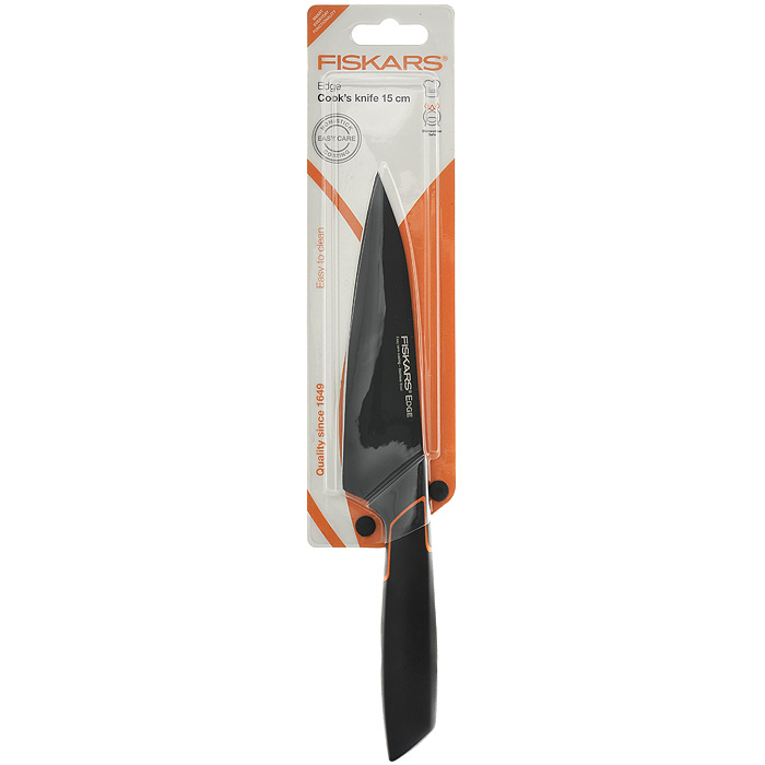 Нож кухонный Fiskars Edge, длина лезвия 15 см. 978311978311 Нож кухонный Fiskars Edge, длина лезвия 15 см. 978311978311Кухонный нож Fiskars Edge оснащен особо острым лезвием из нержавеющей стали. Легкомоющееся покрытие ножа предотвращает коррозию и прилипание пищи к продуктам. Эргономичная рукоятка, выполненная из пластика черного цвета, обеспечивает надежный, безопасный захват и непревзойденный комфорт во время резки. Универсальная форма лезвия идеальна для нарезки мяса, овощей, фруктов, сыра и других продуктов. Можно мыть в посудомоечной машине.