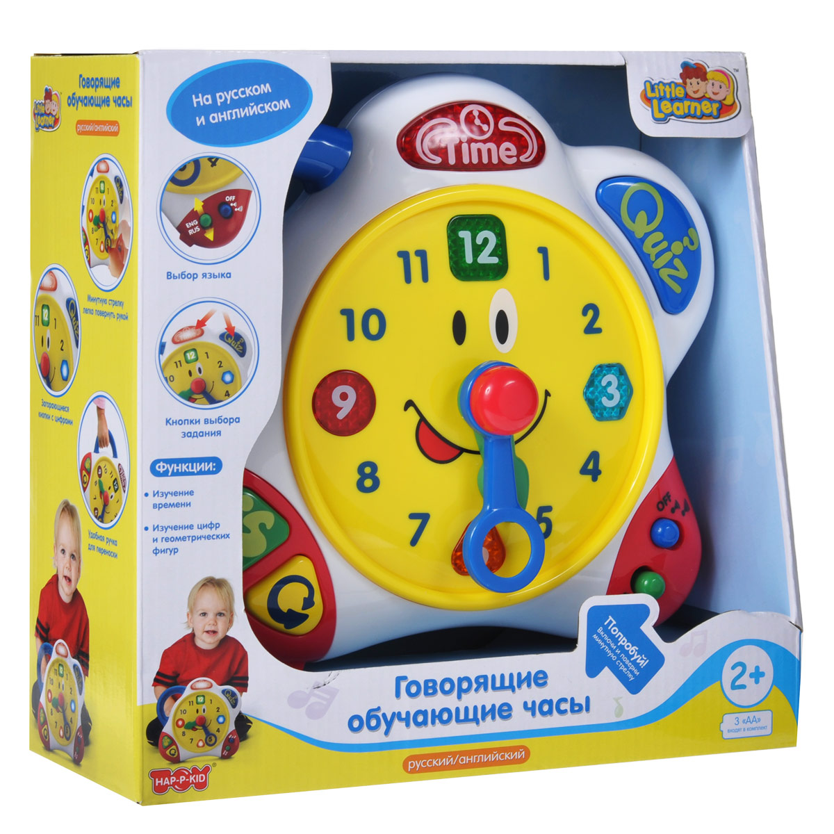 Игрушка обучающая Happy Kid Часики3898T Игрушка обучающая Happy Kid Часики3898TОбучающая игрушка Happy Kid Часики замечательно подойдет для увлекательных и познавательных игр малыша. Часы выполнены из яркого безопасного пластика и оснащены световыми и звуковыми эффектами. В центре игрушки расположен циферблат со стрелками и геометрическими фигурами (квадрат, шестиугольник, треугольник и круг), которые находятся на месте 12-ти, 3-х, 6-ти и 9-ти часов. Геометрические фигуры подсвечиваются каждая своим цветом (зеленым, синим, оранжевым и красным). У часов два режима: Изучение времени и Проверка знаний, которые включаются нажатием на соответствующую кнопку в верхней части игрушки. В режиме Изучение времени малыш узнает, какое время установлено в данный момент. Режим Проверка знаний предлагает ребенку самостоятельно установить определенное время или найти определенную геометрическую фигуру. При перемещении минутной стрелки, снабженной отверстием для пальчика, раздается тиканье. В нижней части часов расположены кнопка повтора, музыкальная...