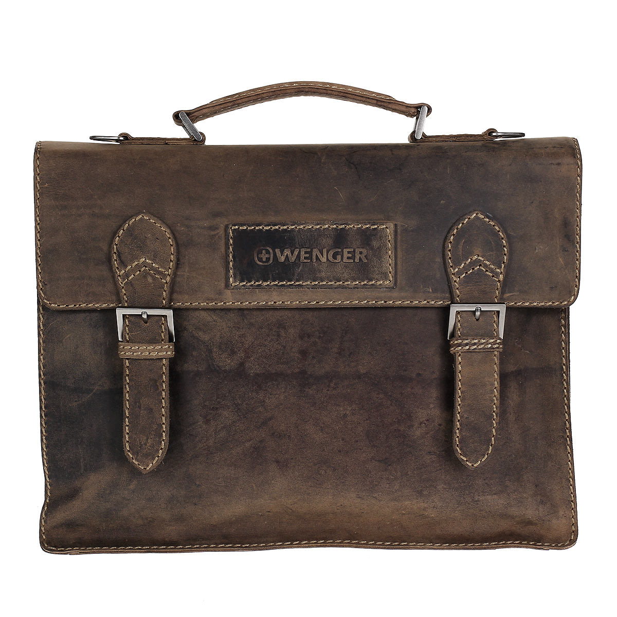 Портфель мужской Wenger Stonehide, цвет: светло-коричневый. W16-12W16-12 Портфель мужской Wenger Stonehide, цвет: светло-коричневый. W16-12W16-12Мужской портфель в стиле casual Wenger Stonehide изготовлен из высококачественной натуральной кожи светло-коричневого цвета. Кожа серии Stonehide - это крепкая, эластичная бычья кожа, обработанная по традиционной технологии - грубые швы, состаренные ремни. Потертый внешний вид делает изделие уникальным и создает специфический эффект старины. Портфель по всей поверхности оформлен стежками бежевого цвета. Портфель имеет одно основное отделение, которое закрывается клапаном на два замка-защелки. Внутри содержится основной отдел, отдел с мягкими стенками для ноутбука или документов (на липучке), два накладных кармашка, два держателя для ручек и 6 кармашков для пластиковых карт или визиток. Имеет мягкую внутреннюю обивку из полиэстера коричневого цвета, позволяющую при переноске сохранять планшеты и телефоны без повреждений. С задней стороны портфеля расположено дополнительное отделение на молнии для планшета. Изделие оснащено удобной короткой ручкой...